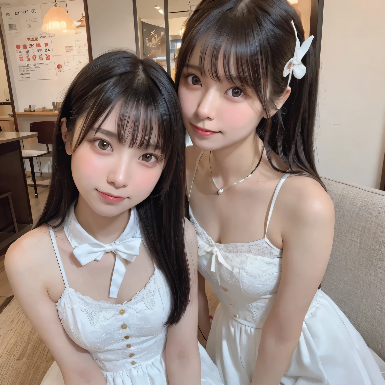 two girls, pretty girl、14 years old, smile, summer mini dress、thighs, cute eyes, 8k, masterpiece, high detail, high quality, High resolution, 最high quality, 16k,