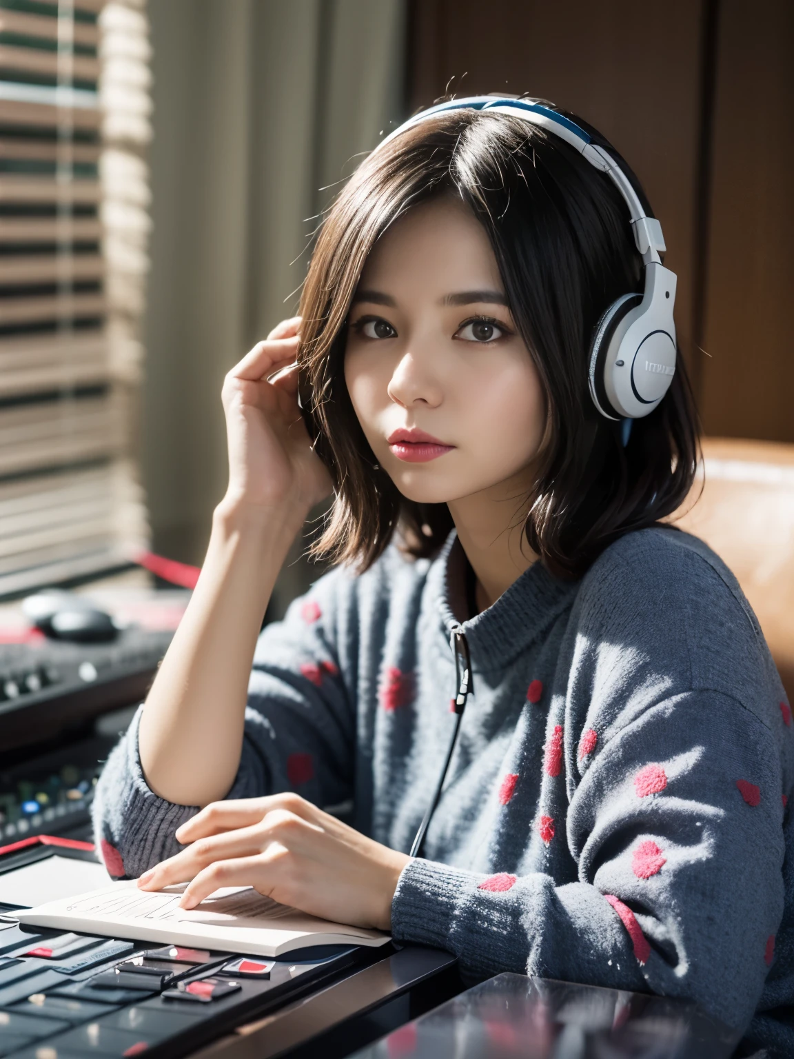 highest quality, table top, (realistic:2), ultra high resolution, very detailed, surreal, 1 girl, ((Red headphones)), (long dress), Floral, Colorful_hair、(((very_short_hair))), short hair, Because I&#39;m slender, full shot, looking at the viewer, ((Music Studio)),  bright atmosphere, Spotlight, detailed background、smile