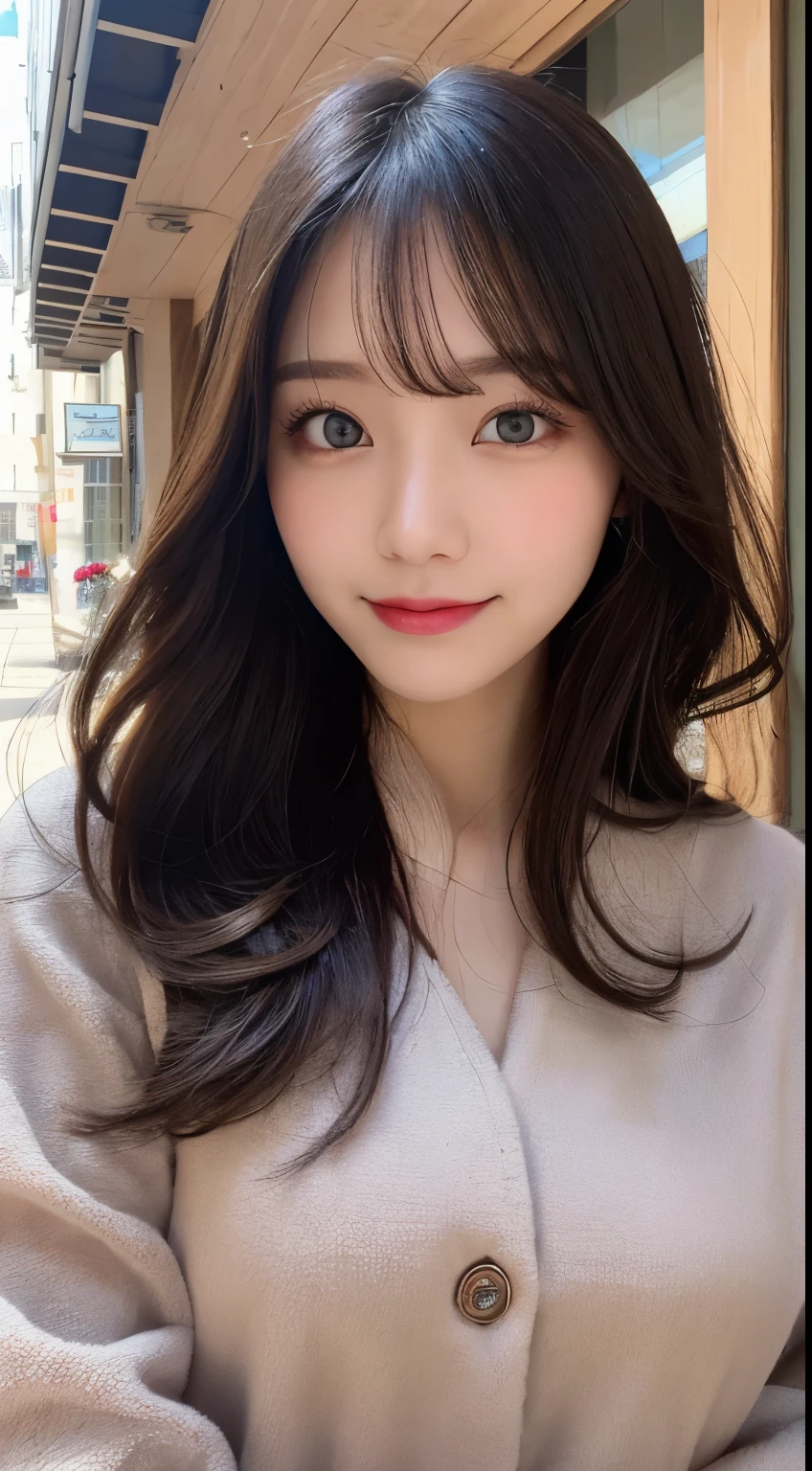 table top, highest quality, shape, Super detailed, finely, High resolution, 8k wallpaper, 完璧なダイナミックな構shape, beautiful and detailed eyes, winter dress,medium hair, small breasts, natural color lip, random sexy pose,smile,big city、20 year old girl、beautiful and detailed face、perfect and beautiful face,Big eyes、luxury brand mink coat