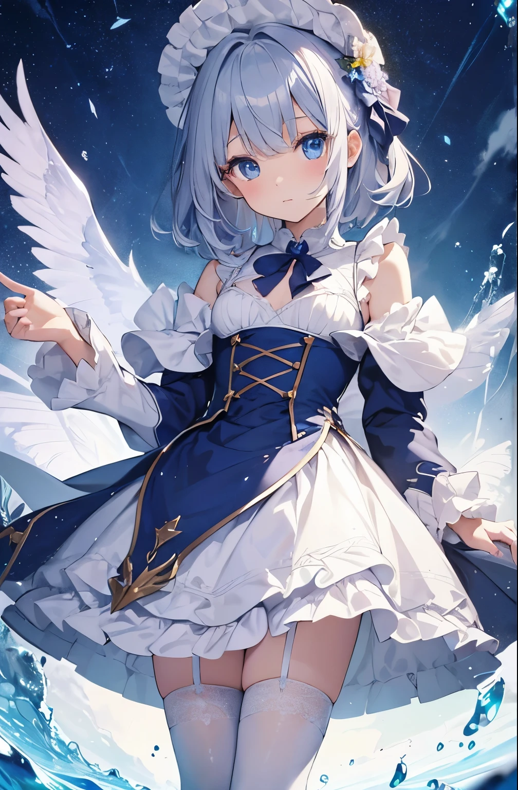 ((highest quality))、((8K))、((High resolution))、((masterpiece、Super detailed))、一人、(height 140cmlittle girl)、((Looking at the camera from the front))、((photo from the knees up))、((standing))、beautiful and delicate blue eyes、beautiful smooth silver hair、Fluffy short hair、gentle and adorable big eyes、soft smile、Magical girl wearing a silver costume、flat chest、(white stockings)