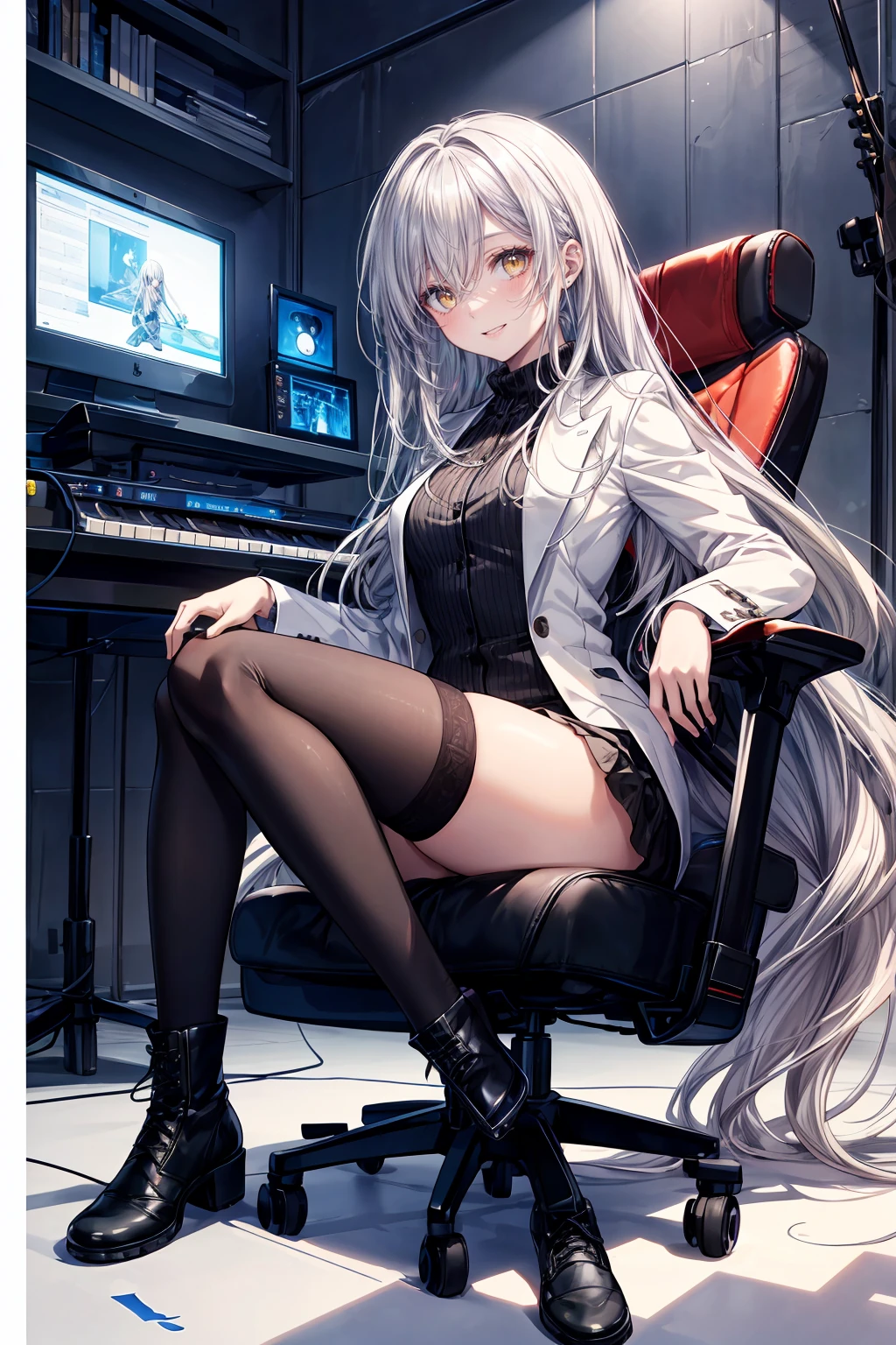 ((8Kmasterpiece,highest quality)), ultra high resolution, (masterpiece: 1.4), hyper detail, (((1 girl))),beautiful and delicate eyes,(yellow eyes),Big eyes,shining eyes of light,Thin and long eyelashes,detailed light,beautiful face,((silver hair)),((long hair)),(white suit),Black High Cut Boots,black tights,ticker,computer,(Composing music),keyboard,(guitar),(gamingroom),sitting cross-legged on a gaming chair,fearless smile,(please open your mouth wide),looking at the viewer, slender body,My are very big,Big thighs