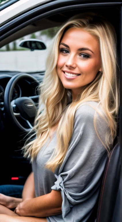 A 23 year old blonde woman, ((big )), ((Hyperrealismus)) ,. Blondes Haar mit hellbraunem Ansatz. blondes Haar, Haare mit braunen Wurzeln, extra langes Haar, sehr langes Haar, wirklich lange Haare, Nice, Vorderansicht, sitzt entspannt in einem auto am steuer, (with a very good quality), Dekollete