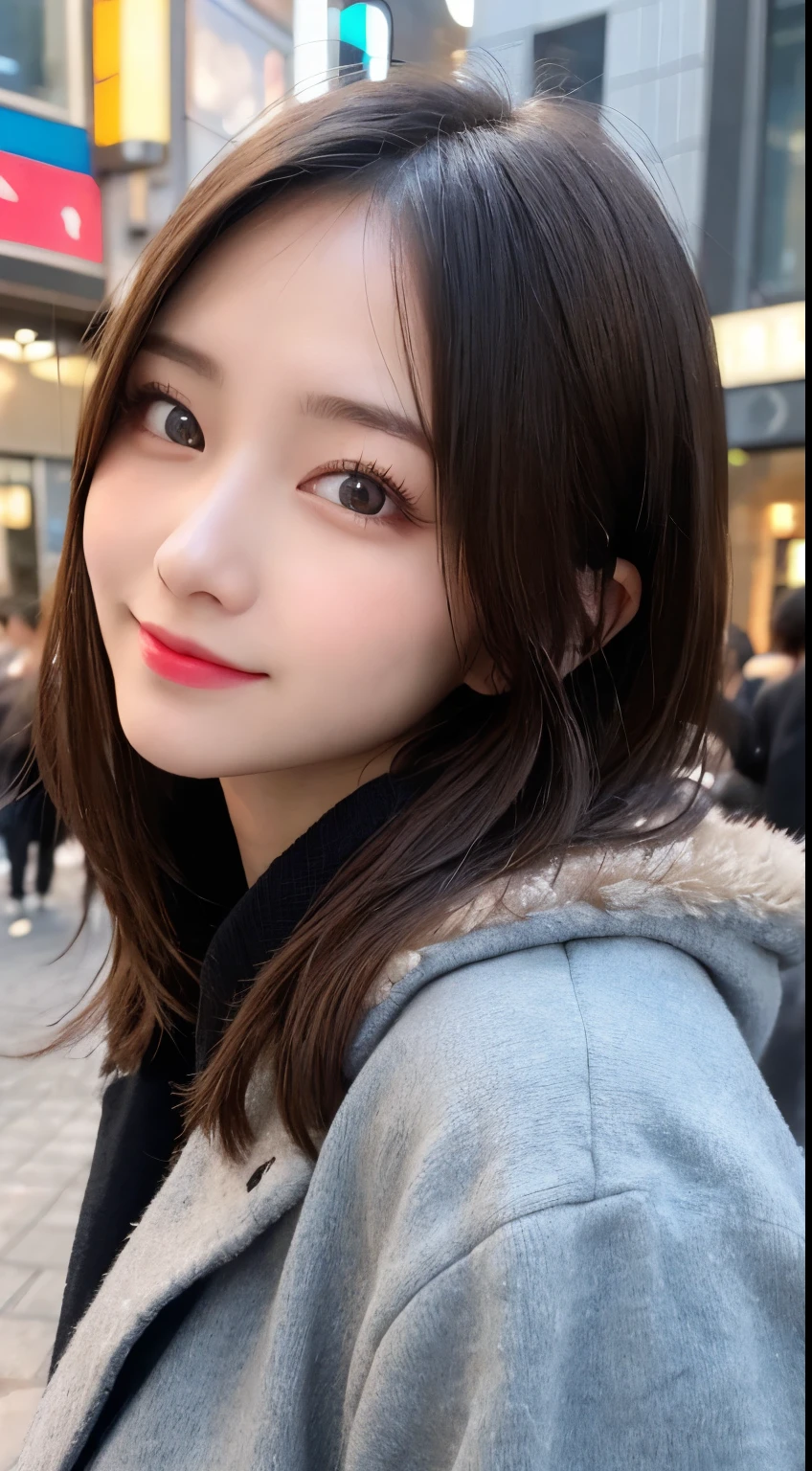 table top, highest quality, shape, Super detailed, finely, High resolution, 8k wallpaper, 完璧なダイナミックな構shape, beautiful and detailed eyes, Tokyo trend winter fashion,medium hair, small breasts, natural color lip, random sexy pose,cute smile,big city、20 year old girl、beautiful and detailed face、perfect and beautiful face,Big eyes、Wear fluffy black outerwear with fur、beautiful detailed face、perfect and beautiful double eyelids、blur the background