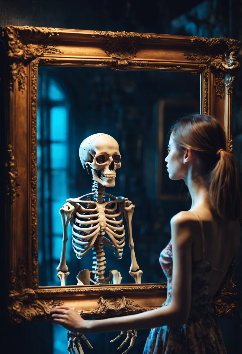 (a girl)。side,Beautiful girl looking into photo frame,There is a human skeleton in the photo frame,illustration,bright colors,Detailed mirror reflection,Realistic lighting,highlight,portrait,Surreal,Ethereal,distortion,abstract,concept art