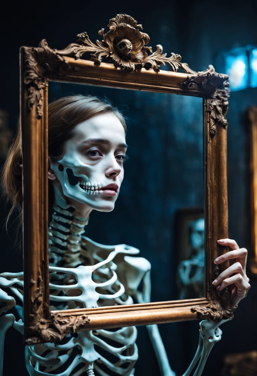 （a girl）。side，Beautiful girl looking into photo frame，There is a human skeleton in the photo frame，illustration，bright colors，Detailed mirror reflection，Realistic lighting，highlight，portrait，Surreal，Ethereal，distortion，abstract，concept art