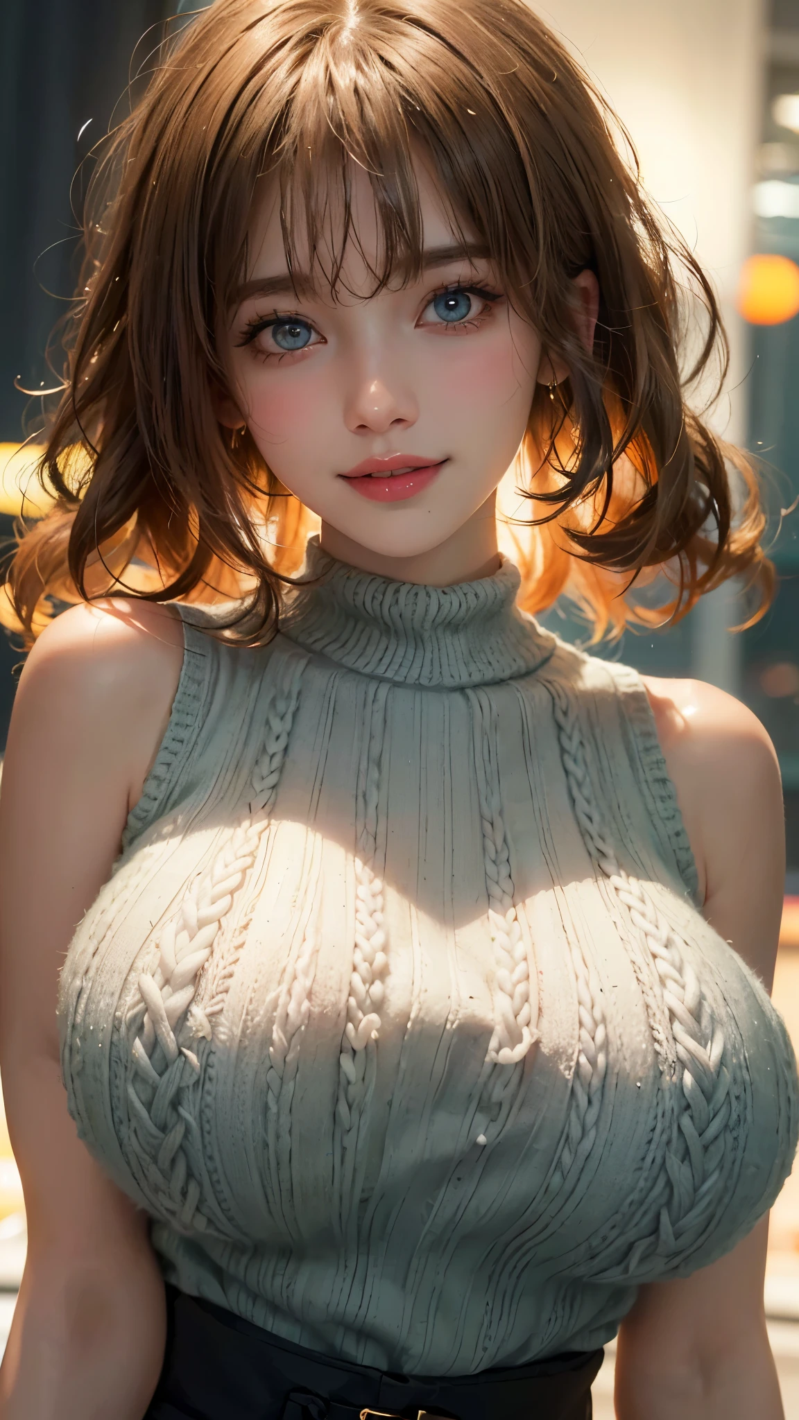 (UHD, retina, masterpiece, accurate, anatomically_correct, textured_skin, super_detail, high_details, high_quality, best_quality, high_res, 1080P, HD, 4K, 8k, 16k), (beautiful_detailed_eyes, beautiful_detailed_lips, extremely_detailed_eyes_and_face), soft_lighting, physically-based_rendering, vivid_colors, (large_breasts:1.5), (shiny_hair, shiny_skin, tanned_skin, blush), (bangs:1.5), eye_reflection, (bokeh), smile_and_laugh, (sleeveless_knit:1.5),
