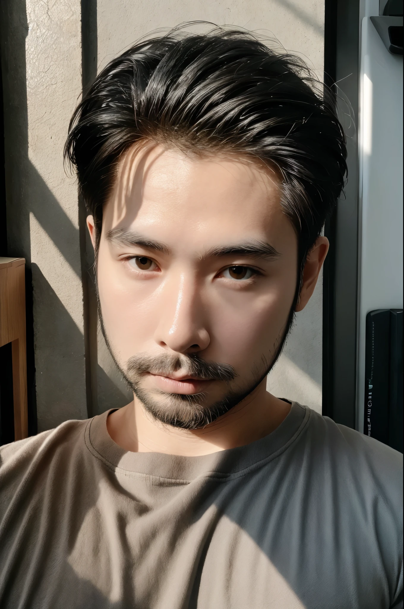 25 year old male Instagram influencer, Light-colored beard, perfect lighting, deep shadow, best quality, on the table, ultra high resolution, lifelike, Slimming type, Oval face, black messy hair,