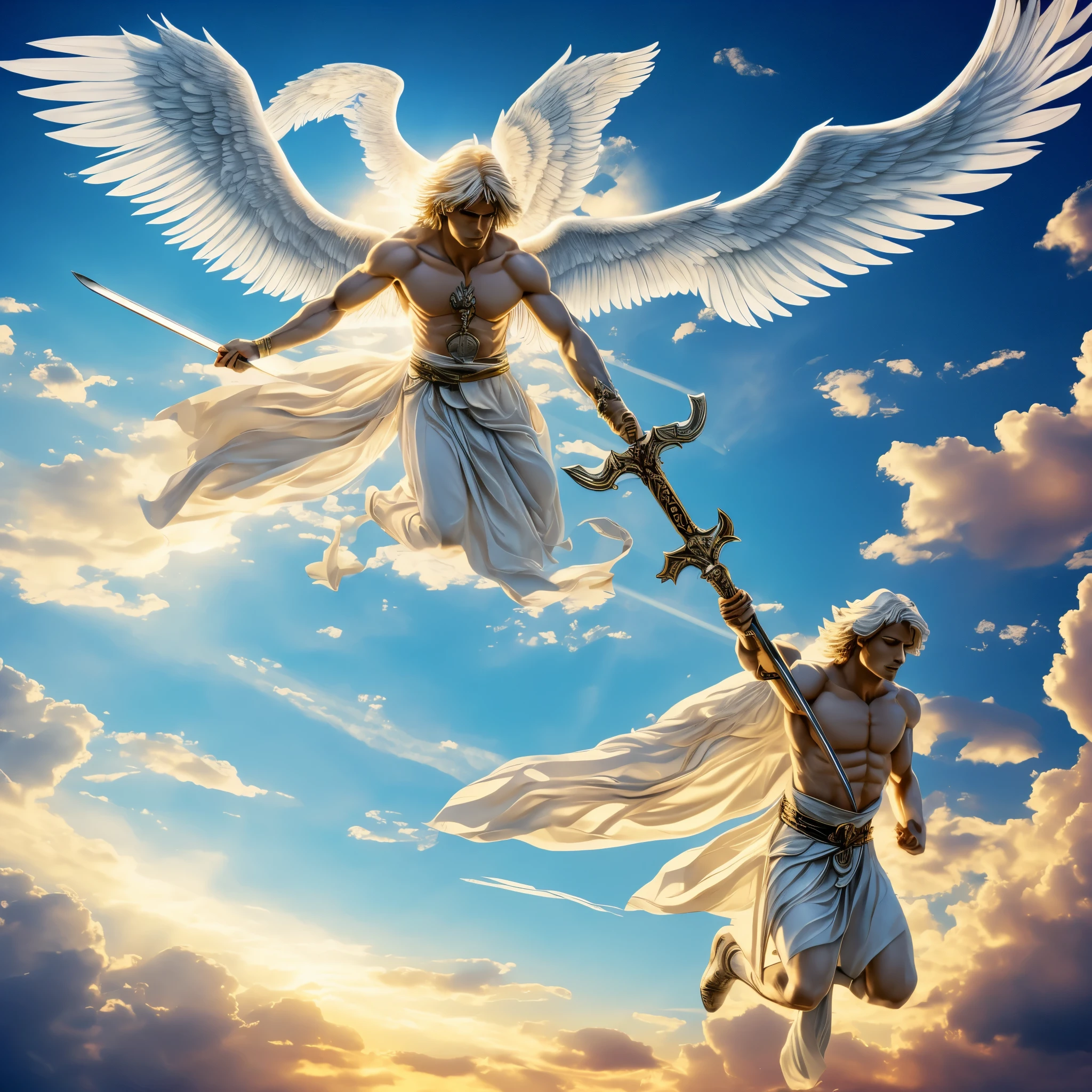 an angel flying through the sky with a sword in his hand, ethereal angelic being of light, an angel of the dawn light, angel spirit guide, of beautiful angel, angel protecting man, glowing angelic being, super wide angel, angelic, angelical, big angel wings wide open, archangel michael, angelic light, beautiful angel, archangel