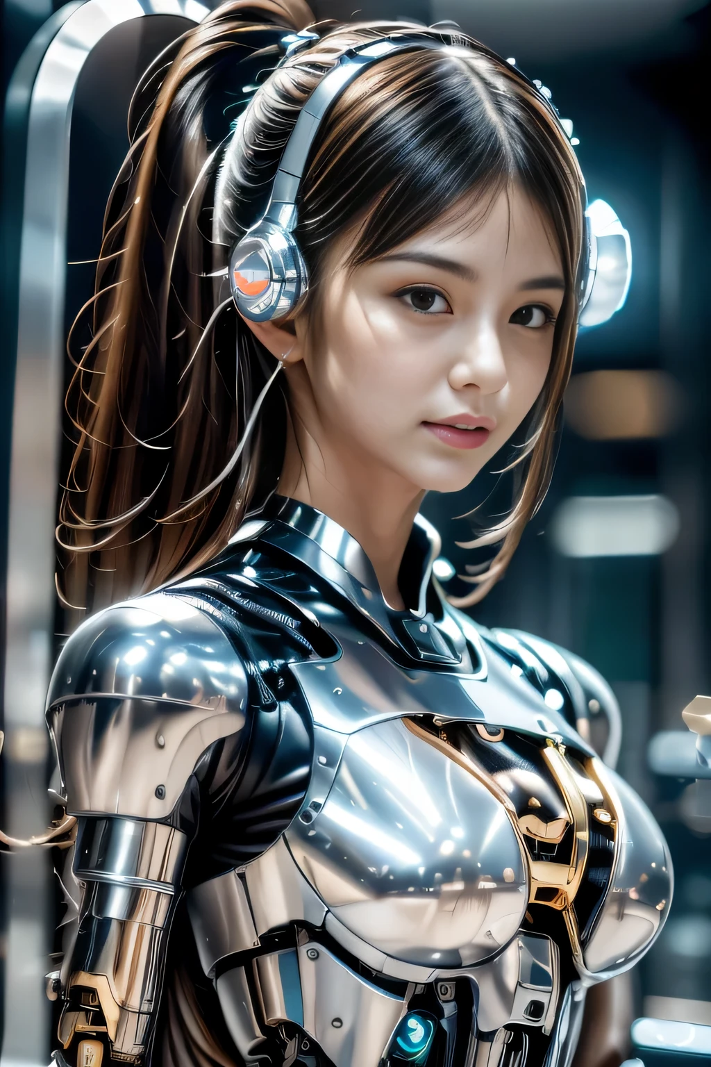 (masterpiece:1.3), (8K), (highest quality:1.4), (UHD:1.2), (realistic:1.3), (Raw photo), (1cyborg girl), (Ultra high definition), (detailed face), very perfect beautiful and cute face, (fine hair), beautiful hair, bangs, (symmetrical eyes:1.3), (fine eyes), (fine skin), realistic skin, shiny skin, ultra high resolution, (medium breasts), (slim body shape), (super model figures), 20 years, Japanese, 

( cyborg, android, gynoid cyborg body, perfect cyborg woman, machine arm:1.5, futuristic short headset ), Walking through the Cyber City