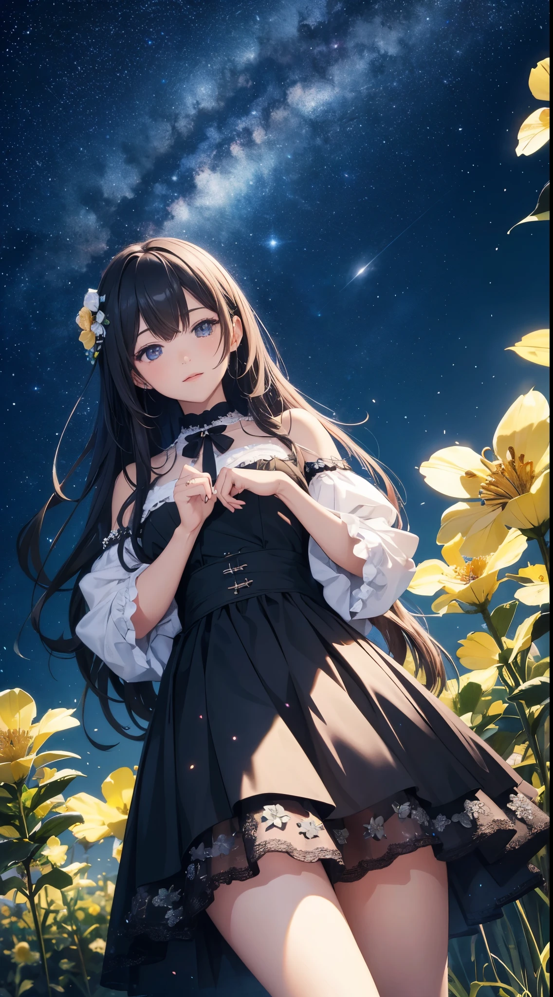 High quality, high detail, brilliant starry sky, flowers of various colors emit dazzling light CG Art 8K