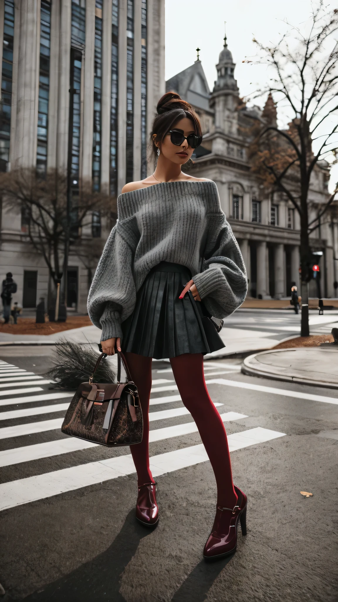an image of a young woman with a modern and relaxed elegance, sitting casually on white marble steps outside a stately door with intricate glasswork and dark green paint. She is styled in a cozy, oversized, off-the-shoulder sweater in a heathered dark grey that drapes softly over her frame. Complementing the sweater is a flirty, structured grey skirt that adds a playful yet chic touch to her look. Her attire is vividly accented with bold, opaque tights in a striking red, leading down to matching pointed-toe heels, infusing a splash of vibrant color. She is accessorized minimally with a small, bright red shoulder bag that echoes the color of her tights and shoes, creating a cohesive and strikingly stylish outfit.
