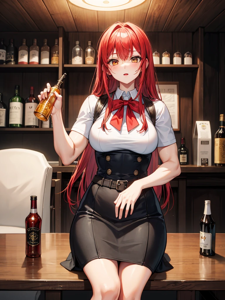 (((masterpiece、Highest image quality、highest quality)))、(((Illustration of one girl)))、(adventurer)、(((neutral)))、cool、((red hair、long hair))、golden eyes、((tall))、(((muscular and strong body、muscle girl、muscle)))、(((manspreading、sitting in a chair)))、(((Clothing in the style of the Middle Ages、adventurer風の服、adventurer風の装備)))、(Medieval tavern、Liquor bottle on the table)