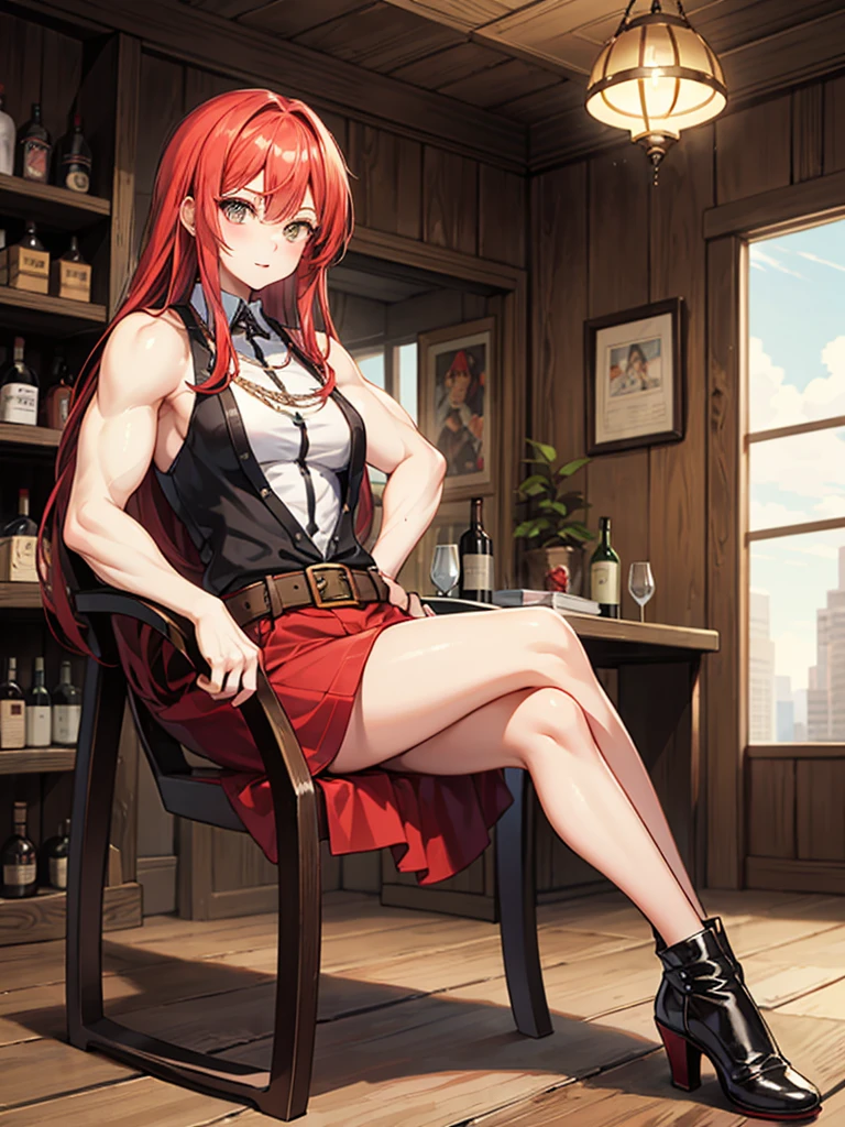 (((masterpiece、Highest image quality、highest quality)))、(((Illustration of one girl)))、(adventurer)、(((neutral)))、cool、((red hair、long hair))、golden eyes、((tall))、(((muscular and strong body、muscle girl、muscle)))、(((manspreading、sitting in a chair)))、(((Clothing in the style of the Middle Ages、adventurer風の服、adventurer風の装備)))、(Medieval tavern、Liquor bottle on the table)