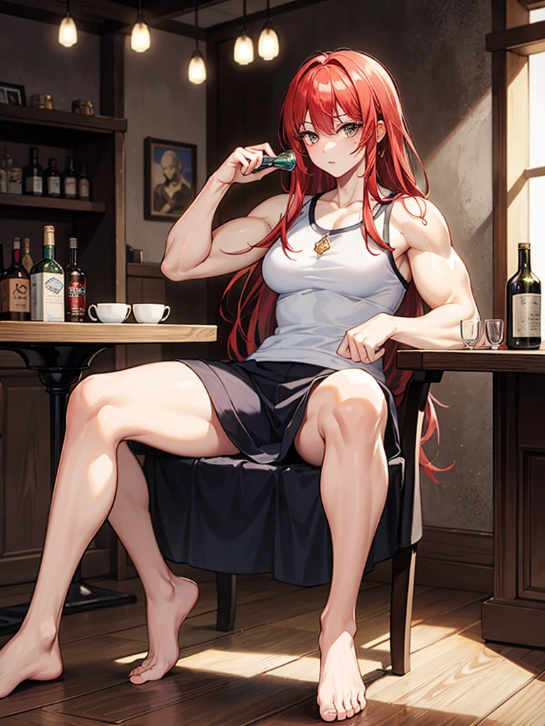 (((masterpiece、Highest image quality、highest quality)))、(((Illustration of one girl)))、(adventurer)、(((neutral)))、cool、((red hair、long hair))、golden eyes、((tall))、(((muscular and strong body、muscle girl、muscle)))、(((manspreading、sitting in a chair)))、(((Clothing in the style of the Middle Ages、adventurer風の服、adventurer風の装備)))、(Medieval tavern、Liquor bottle on the table)