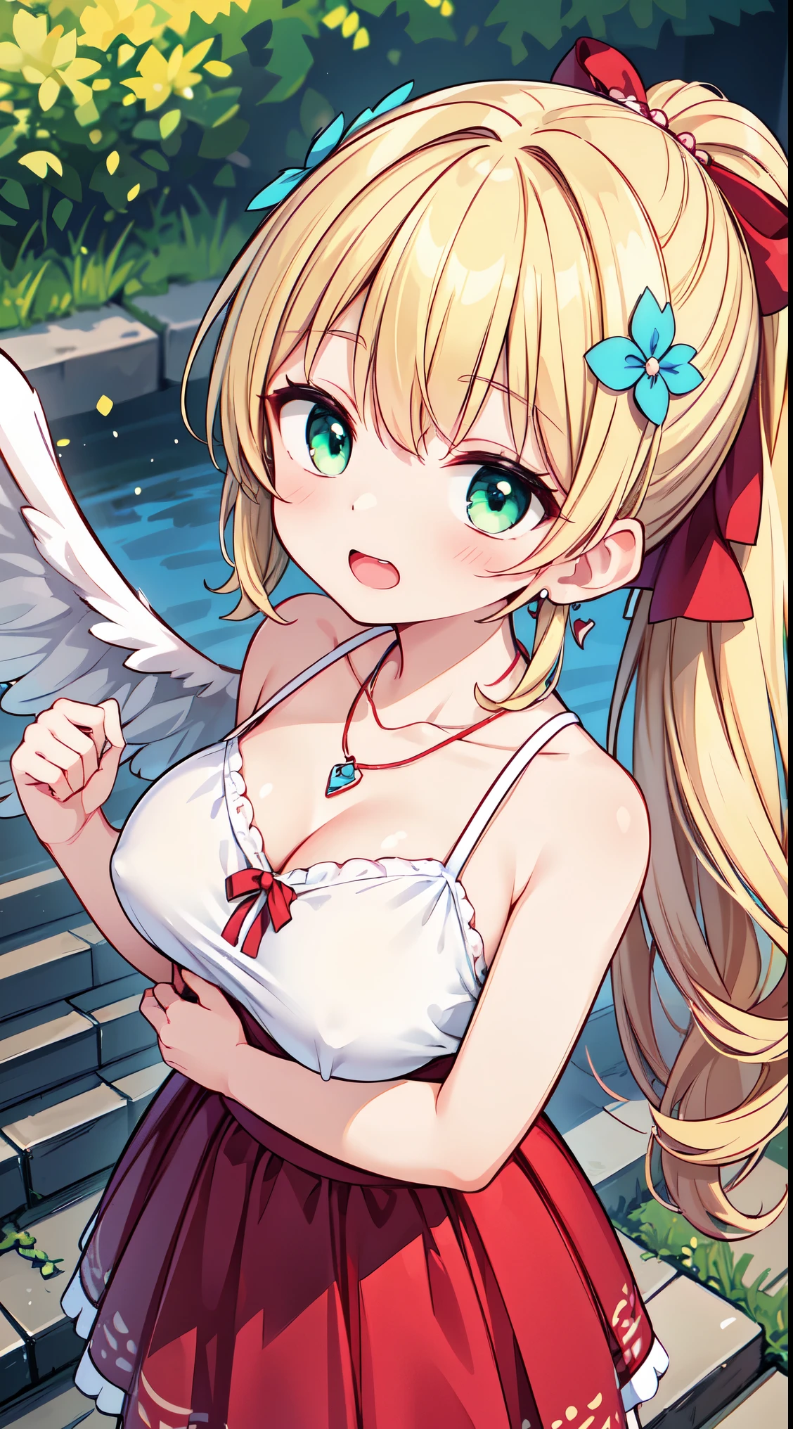 (super fine illustration:1.2),(masterpiece, 8k), (best quality, high quality:1.4), perfect anatomy, hyper detailed, ultra detailed,masterpiece background,beautiful detailed background, v8k wallpaper,perfect design,award-winning art,atmospheric,
BREAK, 1 beautiful girl, girl, (cute:1.5),(Little:0.5),(cute:2.0),(change:2.0),(12 year old girl),(big breasts:1.65),(chin hair,blonde,blue bow,green eyes,Eyebrows visible through the hair,side lock,long hair with bangs parted, hair flower, hair ornaments, big ribbon in hair, curly hair, ponytail:1.6),:he, white feathers, one thin white wing, Ang he wings, spread your wings, shining wings),pit \black},glowing skin, beautiful skin, Shining beautiful skin, open your mouth, bashful smile, alone, tooth, upper teeth,(long eyheashes, double eyheids:1.2),alone, glowing skin, beautiful skin, Shining beautiful skin,(highest quality face),(highest quality shining eyes),
BREAK, ((white camisole), detailed frilled camisole), (red skirt, detailed laced skirt), (tiara, necklace, earrings), standing, field, lake, trees, outdoor
BREAK,wakame,wakame,wakame,(looking up,from front above:1.5)
(going up on stairs:1.5),
BREAK,(Blurry background:1.3),(absurderes, hight resolution, Super Detail Art),cel shading,Clear Color, Lonely optical effect, Beautiful pictures, Bright glow, mystic atmosphere,(Close-up of girl:1.1), Mystical light particle effect,manga influence, clean line drawings,