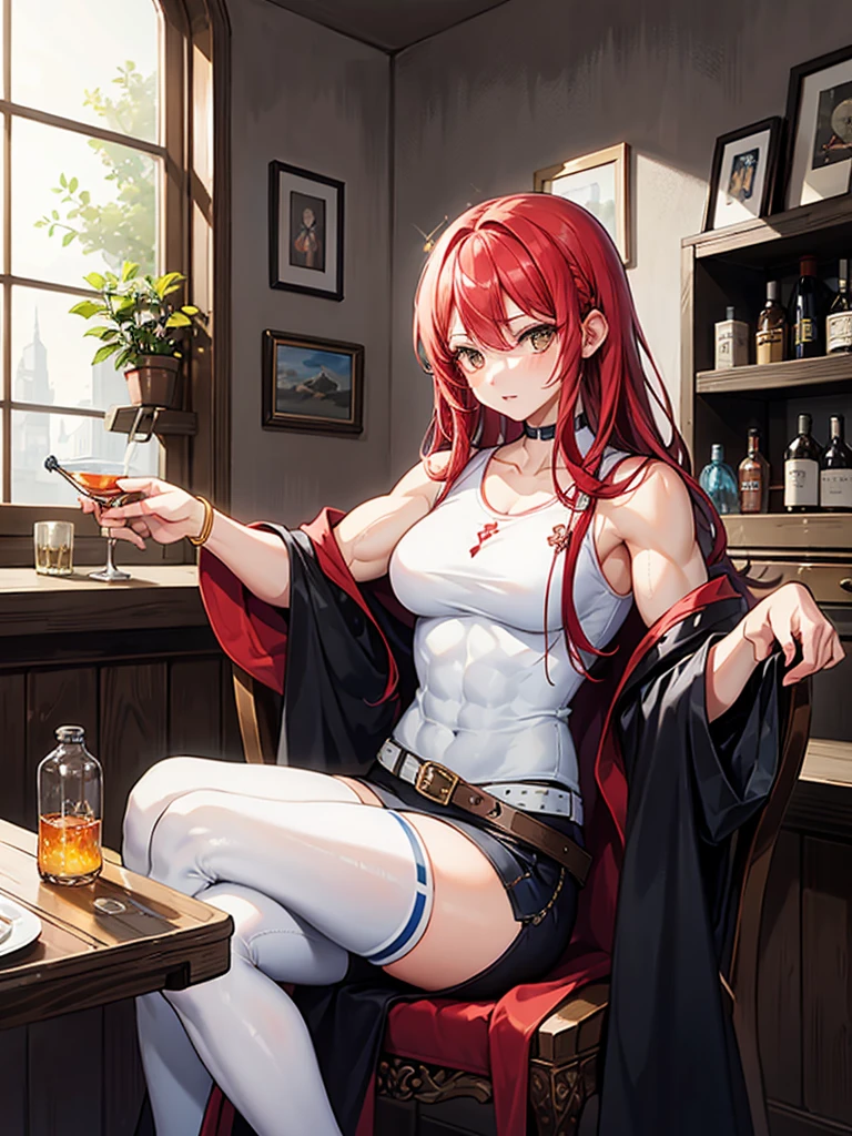 （（（masterpiece、Highest image quality、highest quality）））、（（（Illustration of one girl）））、（adventurer）、（（（neutral）））、cool、（（red hair、long hair））、golden eyes、（（tall））、（（（muscular and strong body、muscle girl、muscle）））、（（（manspreading、sitting in a chair）））、（（（Clothing in the style of the Middle Ages、adventurer風の服、adventurer風の装備）））、（Medieval tavern、Liquor bottle on the table）