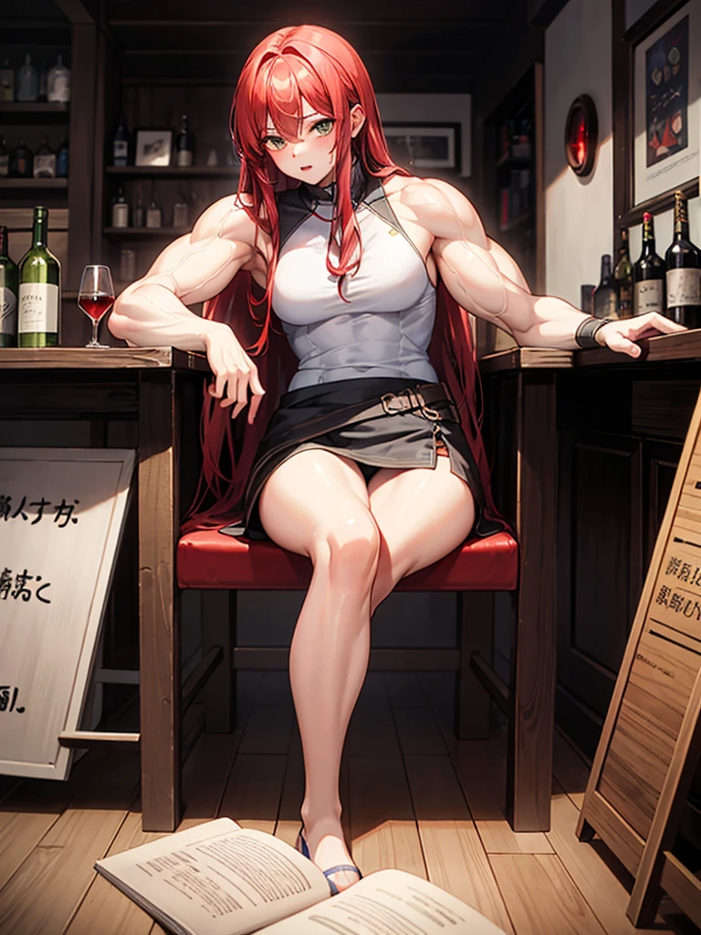 （（（masterpiece、Highest image quality、highest quality）））、（（（Illustration of one girl）））、（adventurer）、（（（neutral）））、cool、（（red hair、long hair））、golden eyes、（（tall））、（（（muscular and strong body）））、（（（stocky build、thickset physique：1.3、muscular legs、muscular arms、broad shoulders、solid chest）））、（（（manspreading、sitting in a chair）））、（（（Clothing in the style of the Middle Ages、adventurer風の服、adventurer風の装備）））、（Medieval tavern、Liquor bottle on the table）