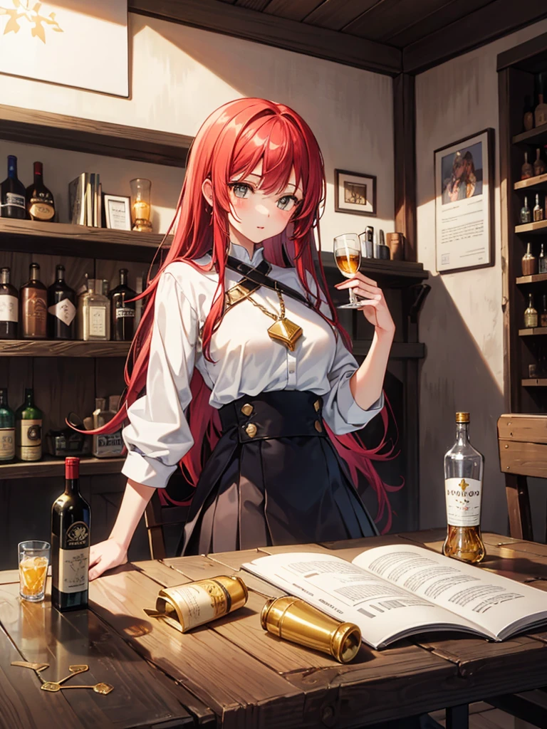 (((masterpiece、Highest image quality、highest quality)))、(((Illustration of one girl)))、(adventurer)、(((neutral)))、cool、((red hair、long hair))、golden eyes、((tall))、(((muscular and strong body、muscle girl、muscle)))、(((manspreading、sitting in a chair)))、(((Clothing in the style of the Middle Ages、adventurer風の服、adventurer風の装備)))、(Medieval tavern、Liquor bottle on the table)
