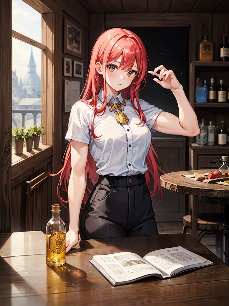 (((masterpiece、Highest image quality、highest quality)))、(((Illustration of one girl)))、(adventurer)、(((neutral)))、cool、((red hair、long hair))、golden eyes、((tall))、(((muscular and strong body、muscle girl、muscle)))、(((manspreading、sitting in a chair)))、(((Clothing in the style of the Middle Ages、adventurer風の服、adventurer風の装備)))、(Medieval tavern、Liquor bottle on the table)