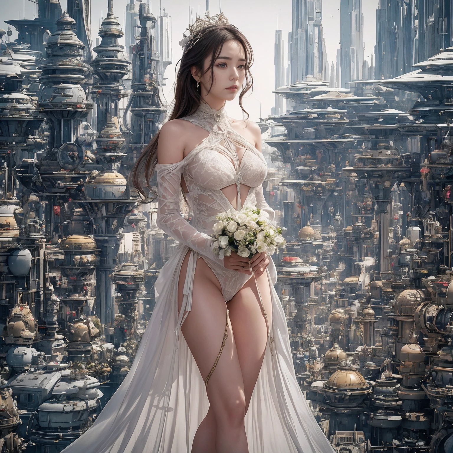 Shibari, arms tied, Legs tied, arms tied за спиной, elbows tied behind back., 1 character, Ultra realistic 16K CG, masterpiece, Best Composition, Photo quality, work of art, full length portrait, Character incredibly beautiful girl., Incredibly beautiful face, very detailed face, Detailed eyes, detailed hair, correct , bride, princess, Against the backdrop of a futuristic city, The capital of the Star Wars empire in the style of John Lucas, Incredible skyscrapers in the background. Naked, flowers, Crown of their flowers and diamonds, high detail, many elements, Flowers in containers, Creepers on the walls, gilding on structures, neonlight, the lights of a sun