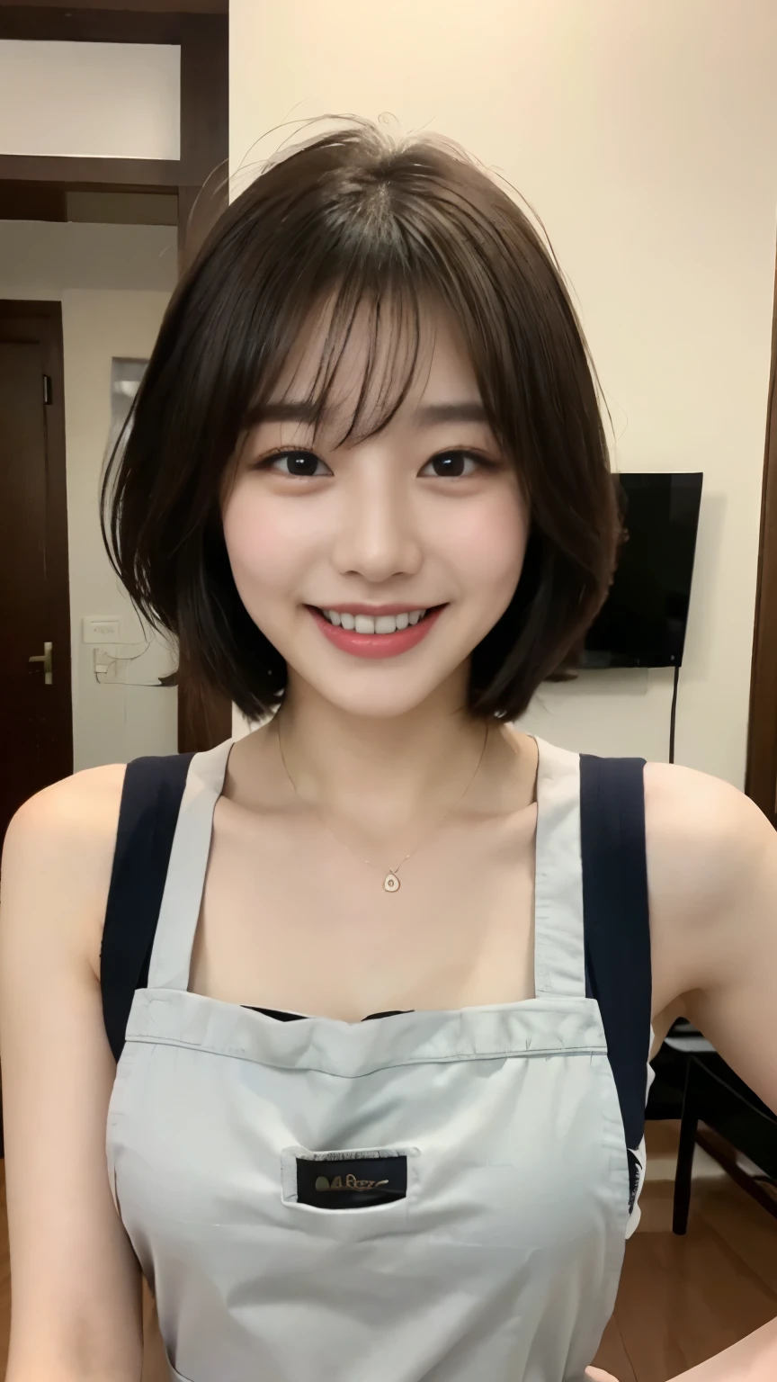 Highest image quality，4K,8K,masterpiece photo,1 20 year old girl,short hair，big chest，living，Looking at me and smiling，Wearing an apron，perfect body shape