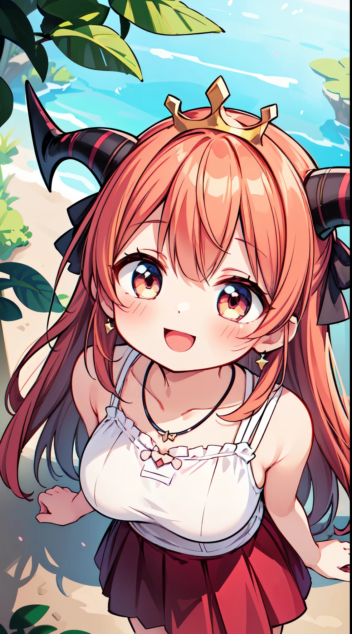 (dutch tilt, low angle:1.5), masterpiece, 8k wallpaper, absurdres, best quality, dynamic angle, 1girl, fox ears, charming, delicate, extremely cute, small breasts, crimson hair, ahoge, long hair, side locks, hair braids, detailed eyes, green eyes, (strapless top, shorts, big smile, show teeth, frowning eyes, standing, leaning forward:1.2), hair clips, blush, detailed background, outdoors, nature, sakura trees, sun, bushes, [butterflies], mountains, sun, clouds,
