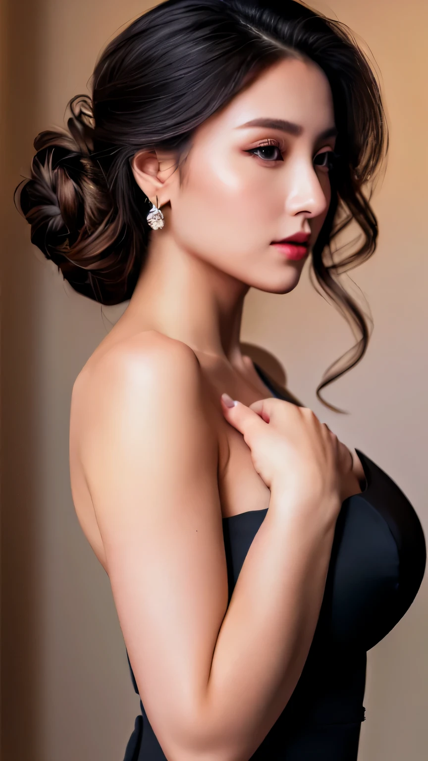 Hyper-Realism, (Photorealsitic:1.4), 8K, maximum resolution, (​masterpiece), highly detailed, Professional, best quality, Refined face, beautiful woman, detailed beautiful eyes and lip, beautiful face, idol face, (full body:1.3), (whole body:1.3), Elegant black dress, hourglass figure, updo hairstyle, sleepy expression