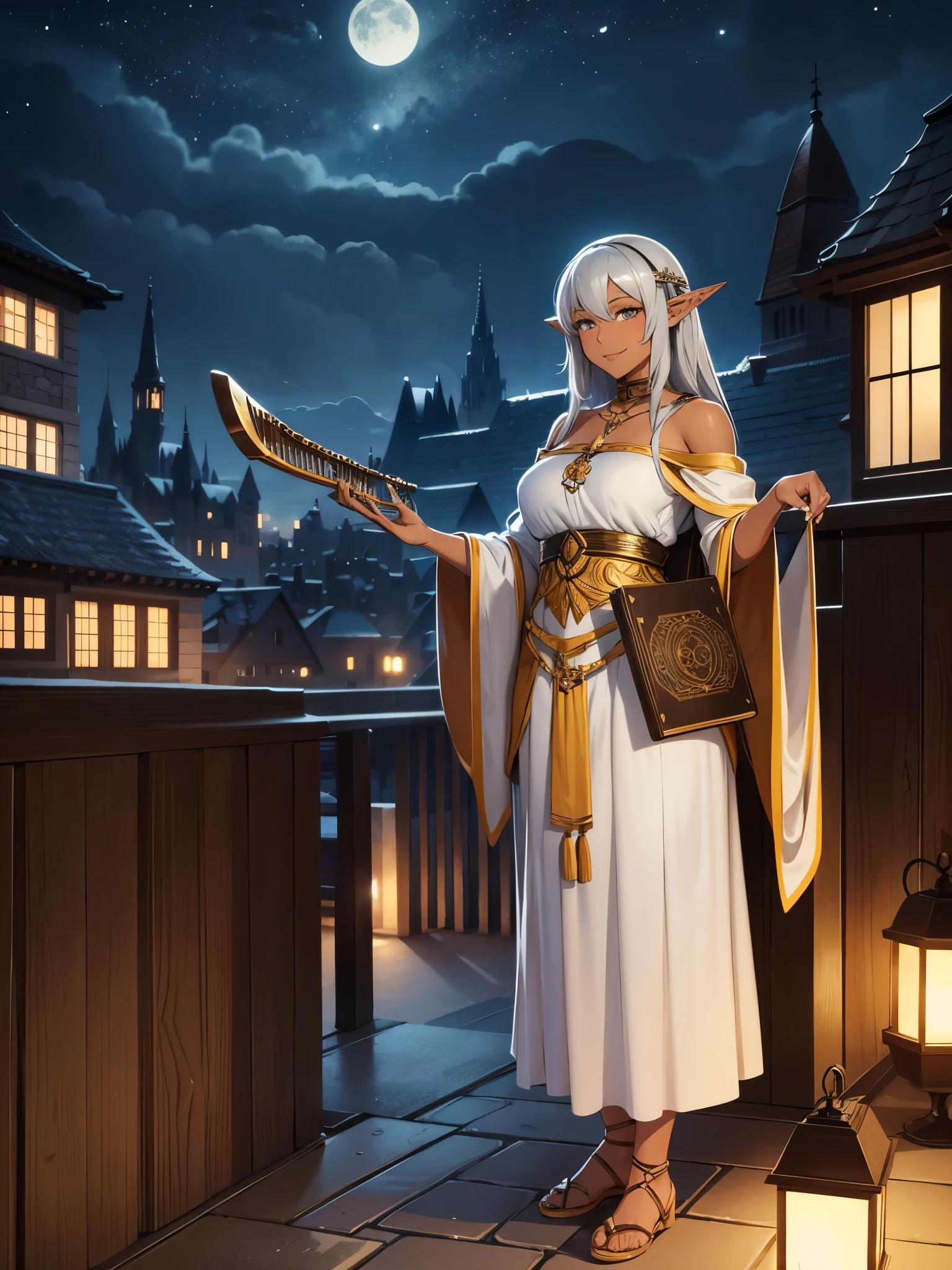 grayish silver and gold clothing, tall elf girl, dark skin, playing the lyre on a roof, night, medieval city, smiling to the viewer