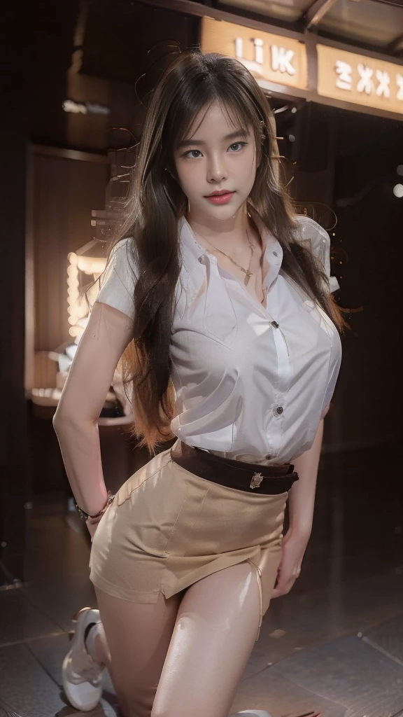 best quality,masterpiece,ultra high resolution,(authenticity:1.4),original photo,light,
1 young woman,beautiful face,exquisite eyes,smart eyes,stilettos,big eyes,stand up,During the day,long legs,lace up pantyhose,wavy hair,split,through bangs,on the street,