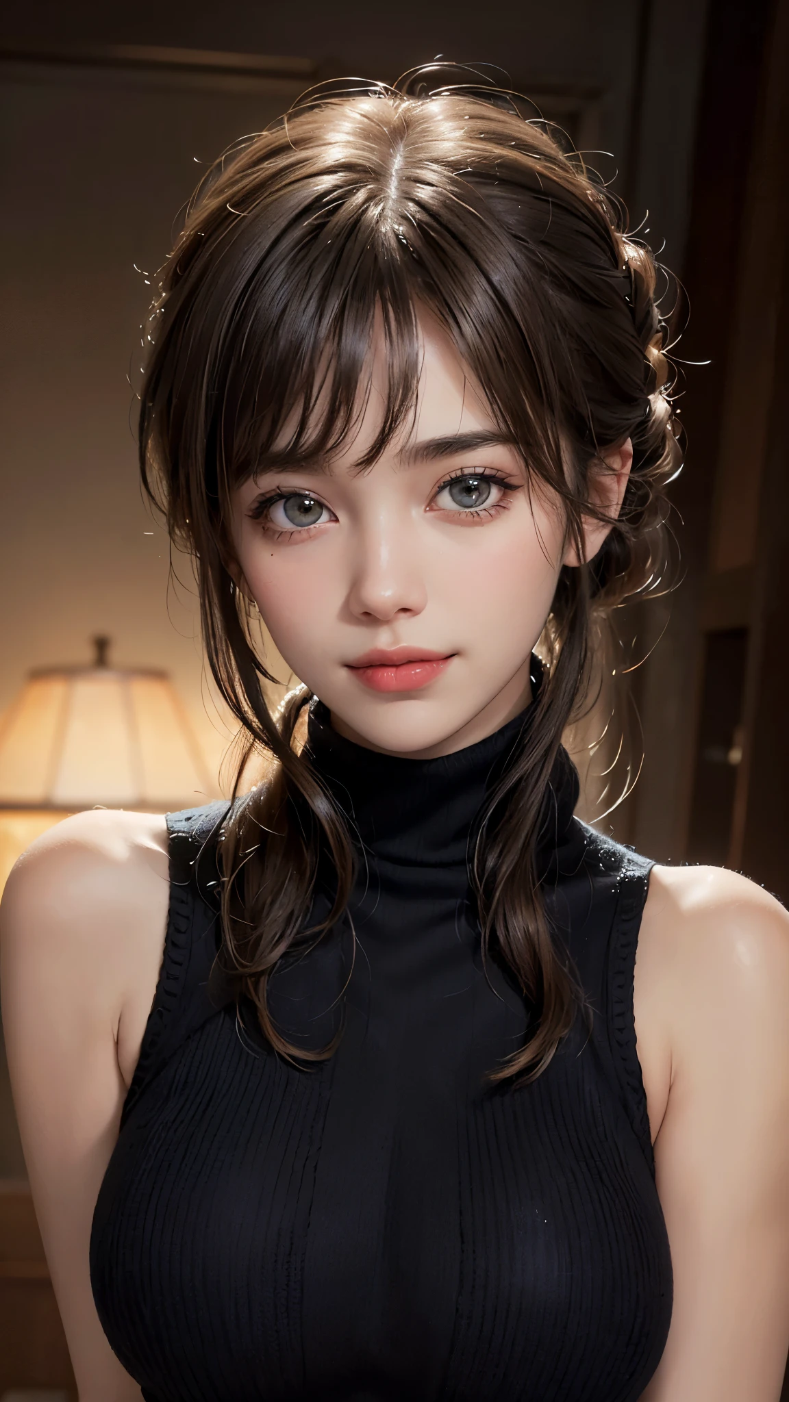 (UHD, retina, masterpiece, accurate, anatomically_correct, textured_skin, super_detail, high_details, high_quality, best_quality, high_res, 1080P, HD, 4K, 8k, 16k), (beautiful_detailed_eyes, beautiful_detailed_lips, extremely_detailed_eyes_and_face), soft_lighting, physically-based_rendering, vivid_colors, (large_breasts:1.5), (shiny_hair, shiny_skin, tanned_skin, blush), (bangs:1.5), eye_reflection, (bokeh), smile_and_laugh, (sleeveless_turtleneck_knit:1.5), from below,