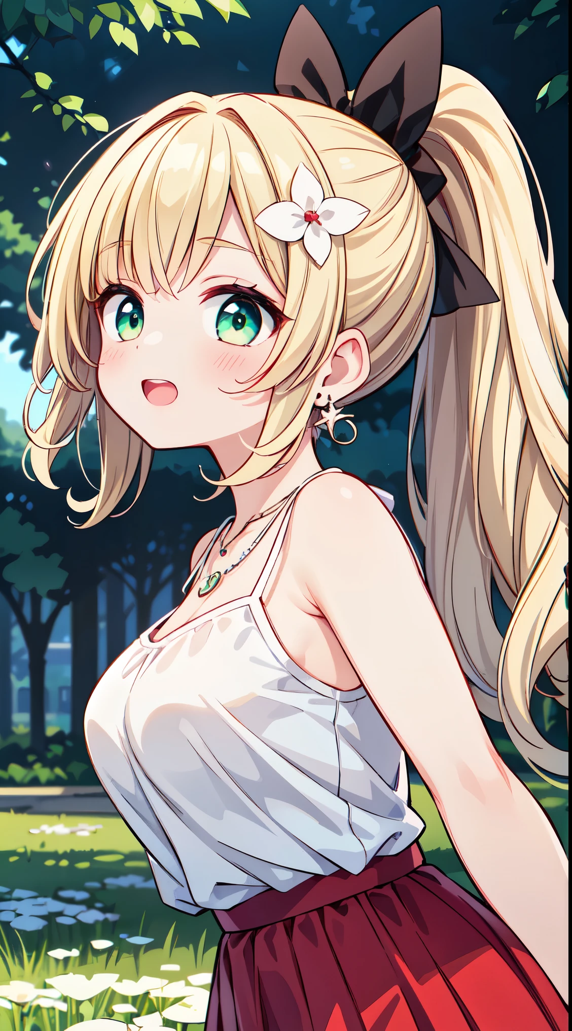 (super fine illustration:1.2),(masterpiece, 8k), (best quality, high quality:1.4), perfect anatomy, hyper detailed, ultra detailed,masterpiece background,beautiful detailed background, v8k wallpaper,perfect design,award-winning art,atmospheric,


BREAK,  1 beautiful girl, girl, (cute:1.5),(Little:0.5),(cute:2.0),(change:2.0),( girl),(big breasts:1.65),(chin hair,blonde,blue bow,green eyes,Eyebrows visible through the hair,side lock,long hair with bangs parted, hair flower, hair ornaments, big ribbon in hair, curly hair, ponytail:1.6),:he, white feathers, one thin white wing, Ang he wings, spread your wings, shining wings),pit \black},glowing skin, beautiful skin, Shining beautiful skin, open your mouth, bashful smile, alone, tooth, upper teeth,(long eyheashes, double eyheids:1.2),alone, glowing skin, beautiful skin, Shining beautiful skin,(highest quality face),(highest quality shining eyes),

BREAK, ((white camisole), detailed frilled camisole), (red skirt, detailed laced skirt), (tiara, necklace, earrings), standing, field, lake, trees, outdoor




BREAK,wakame,wakame,wakame,(looking up,from side:1.5) ,


BREAK,(Blurry background:1.3),(absurderes, hight resolution, Super Detail Art),cel shading,Clear Color, Lonely optical effect, Beautiful pictures, Bright glow, mystic atmosphere,(Close-up of girl:1.1), Mystical light particle effect,manga influence, clean line drawings, 