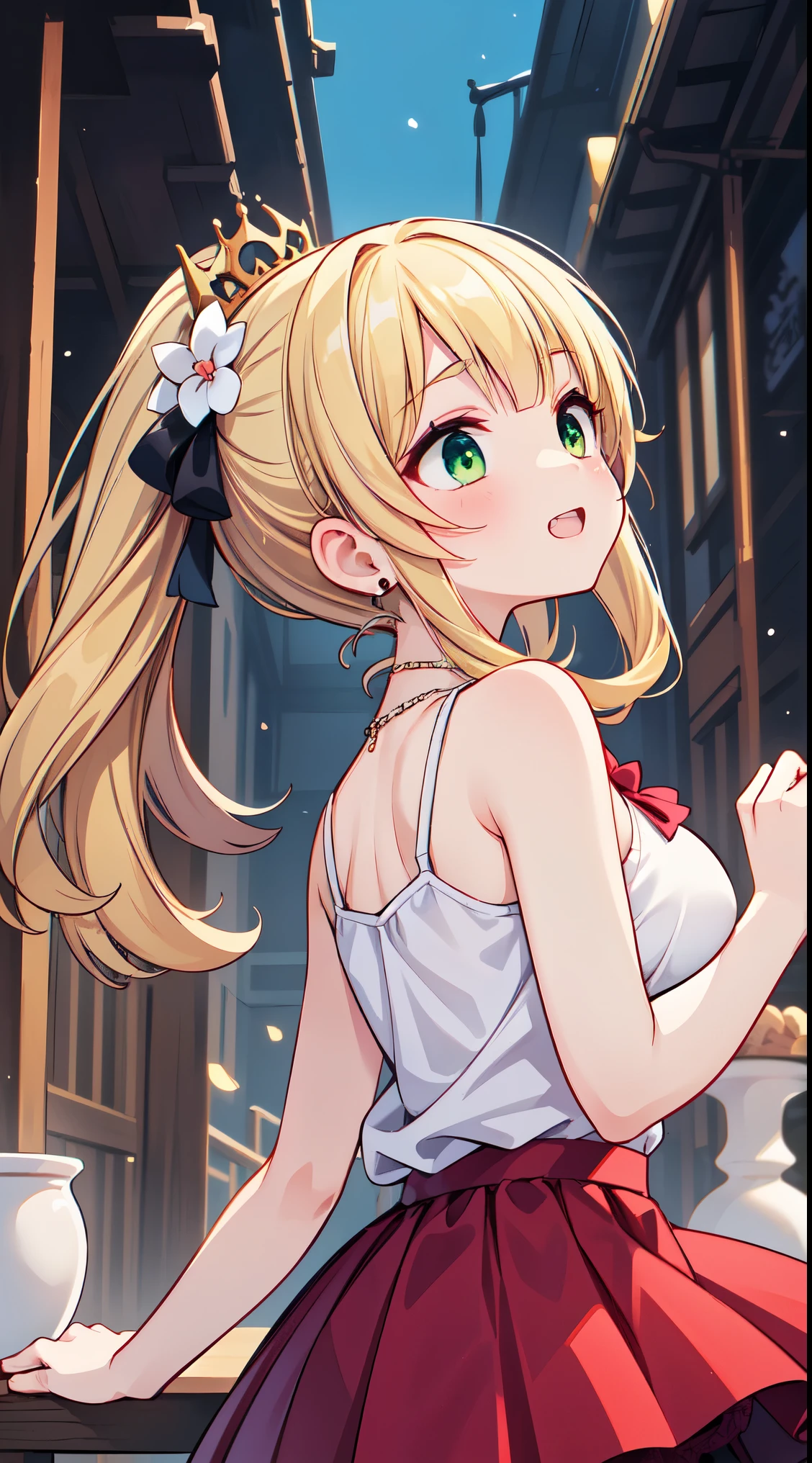 (super fine illustration:1.2),(masterpiece, 8k), (best quality, high quality:1.4), perfect anatomy, hyper detailed, ultra detailed,masterpiece background,beautiful detailed background, v8k wallpaper,perfect design,award-winning art,atmospheric,


BREAK,  1 beautiful girl, girl, (cute:1.5),(Little:0.5),(cute:2.0),(change:2.0),(12 year old girl),(big breasts:1.65),(chin hair,blonde,blue bow,green eyes,Eyebrows visible through the hair,side lock,long hair with bangs parted, hair flower, hair ornaments, big ribbon in hair, curly hair, ponytail:1.6),:he, white feathers, one thin white wing, Ang he wings, spread your wings, shining wings),pit \black},glowing skin, beautiful skin, Shining beautiful skin, open your mouth, bashful smile, alone, tooth, upper teeth,(long eyheashes, double eyheids:1.2),alone, glowing skin, beautiful skin, Shining beautiful skin,(highest quality face),(highest quality shining eyes),

BREAK, ((white camisole), detailed frilled camisole), (red skirt, detailed laced skirt), (tiara, necklace, earrings), standing, field, lake, trees, outdoor




BREAK,wakame,wakame,wakame,(looking up,from front above:1.5) 

(going up on stairs:1.5),


BREAK,(Blurry background:1.3),(absurderes, hight resolution, Super Detail Art),cel shading,Clear Color, Lonely optical effect, Beautiful pictures, Bright glow, mystic atmosphere,(Close-up of girl:1.1), Mystical light particle effect,manga influence, clean line drawings, 