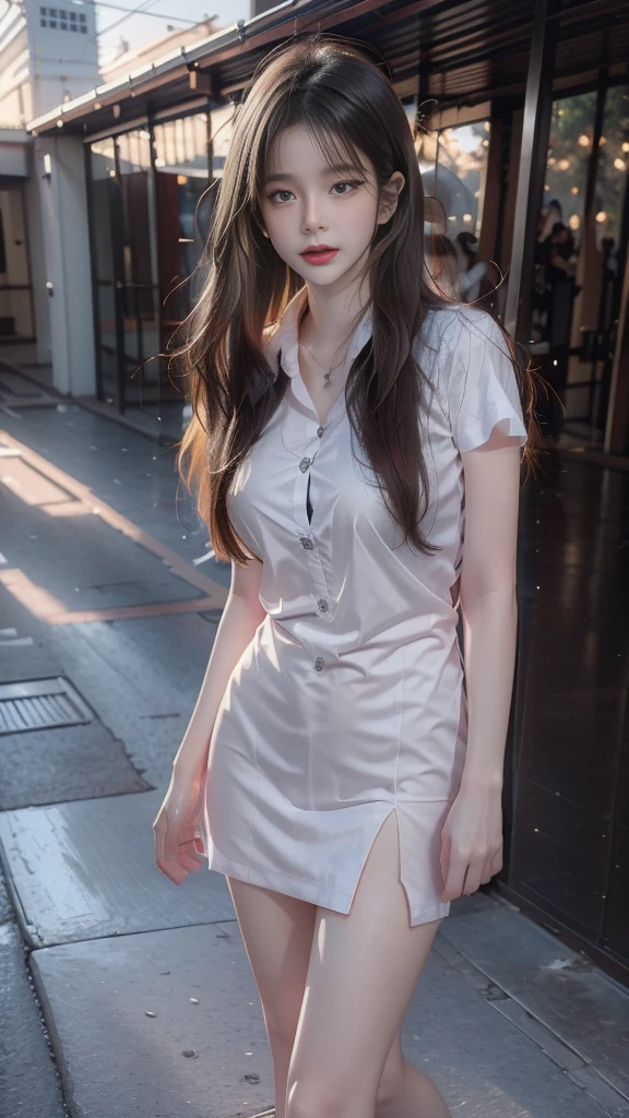 absurdres, RAW photo, extremely delicate and beautiful, masterpiece, Best Quality, ultra high resolution, 32k, hyperrealistic, ultra-detailed, perfect anatomy, perfect figure, Perfect skin, super Detailed skin, muted coral blush, Closed mouth, 20 years old, very Slim body, narrow waist, very small head, very small face, delicate facial features, tearful mole, earring, thin legs, bare legs, (((very huge round breasts))), short medium hair, brown braid hair, ((wavy hair)), wet white shirt, pleated skirt, ((collared dress shirt)), hotel at night,