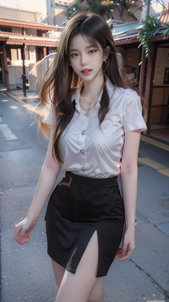 woman, (half-caste, thailand, Japan, Korea), ที่charming, Beauty enhancement, ((walk)), charming, charmingน่าหลงใหล, (Beautiful face, แต่งBeautiful face, Double eyelids, red lips), (black hair, long hair long hairมาก, long hairตรง, long hair, The wind is blowing), มุมมองจากมุมสูงของwomanที่สวยงาม, The texture is realistic., dynamic gesture, (White short-sleeved shirt The shirt is thin and the skin is visible.), (elegant, big breasts, The chest is clearly visible., Seeing the chest mound., I saw a pile of milk.), (Short black pencil skirt, Very short, กระโปรงพร้อมเข็มขัดwoman), (Symmetrical shape, sexy figure, small waist, Long legs), (Pitch black high heels, earring, Put on a watch, student brooch), (full body photo, Look at every part of the body.), university backdrop