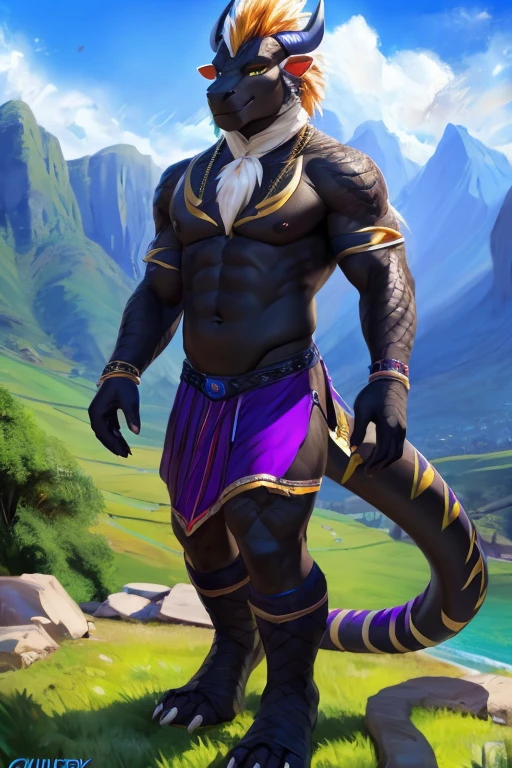 by chunie, by voidlesky, by @Utakoloid/Myiko, hi-res, good graphics, great anatomy, anatomically correct, solo, character sheet, male, Name: Seth, Species: Anthro Dragon/Anthro Bull, Nationality: Japanise/South African/Indian, Scales color: black with blue stripes, Eye color: purple, Fur color: Green, greg rutkowski