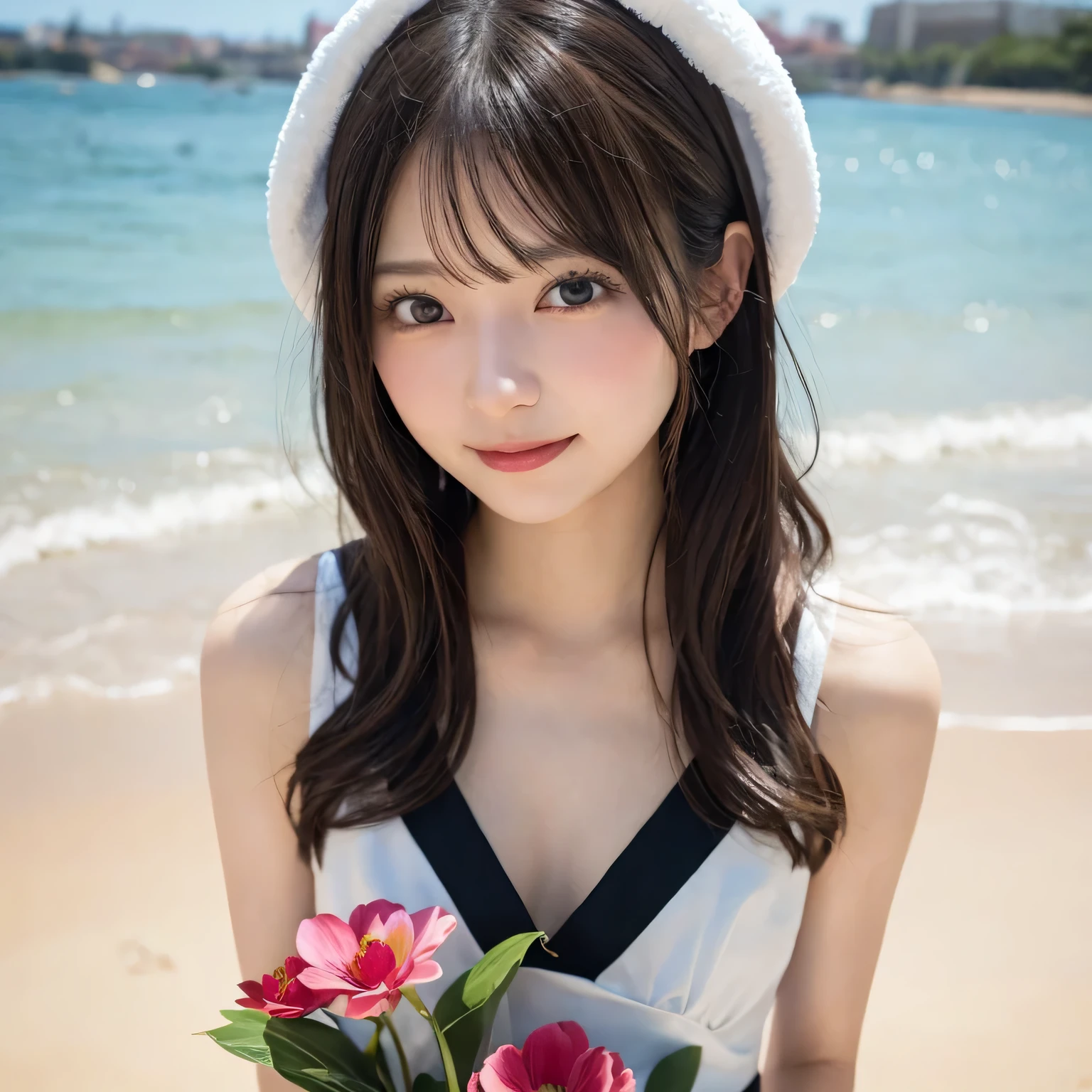 on the table, best quality, illustration, Super detailed, fine details, high resolution, 8k wallpaper, Perfect dynamic composition, Beautiful and delicate eyes,whole body摄影,show your whole body、long gray hair, Bold sexy pose,Smile,Harajuku、1 girl、24 year old beautiful girl from Prague、、Eyeliner、beautiful bangs、hair between eyes、((masterpiece、top quality、Super detailed、movie light、intricate details、high resolution、Very detailed))、background for this、8 kood、digital SLR、soft light、high quality、film grain、富士XT3 、shallow view deep、natural soft light、Kamimei、See the knees, Look at the sexy shots of the lens、Above the legs、whole body、Holding a bouquet of flowers、standing at the beach,side view,Bunny Costume ,Bunny Costume,