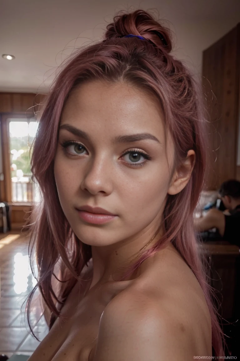 high quality 8k, Laura Pavinato, , blue eyes, detailed pink hair, very detailed shadows, skin texture, detailed skin texture, detailed face features, sensual face, brazillian butt ( feature ), face looking at the viewer, realistic skin texture, no background, light smile, instagram picture, upstanding, detailed body shape long hair cinematic lighting, Canon, cinematic lighting, Hyperrealism, Masterpiece, anatomically correct, super detail, textured skin, UHD, natural lightning, face picture, portrait