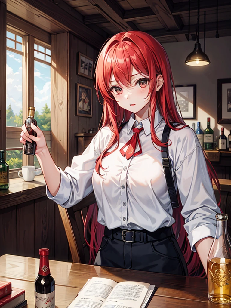 (((masterpiece、Highest image quality、highest quality、highly detailed unity 8kwallpaper)))、(((Illustration of one girl)))、(adventurer)、(((neutral)))、cool、((red hair、long hair))、golden eyes、((tall))、(((muscular and strong body、muscle girl、muscle)))、(((manspreading、sitting in a chair)))、(((Clothing in the style of the Middle Ages、adventurer風の服、adventurer風の装備)))、(Medieval tavern、Liquor bottle on the table)