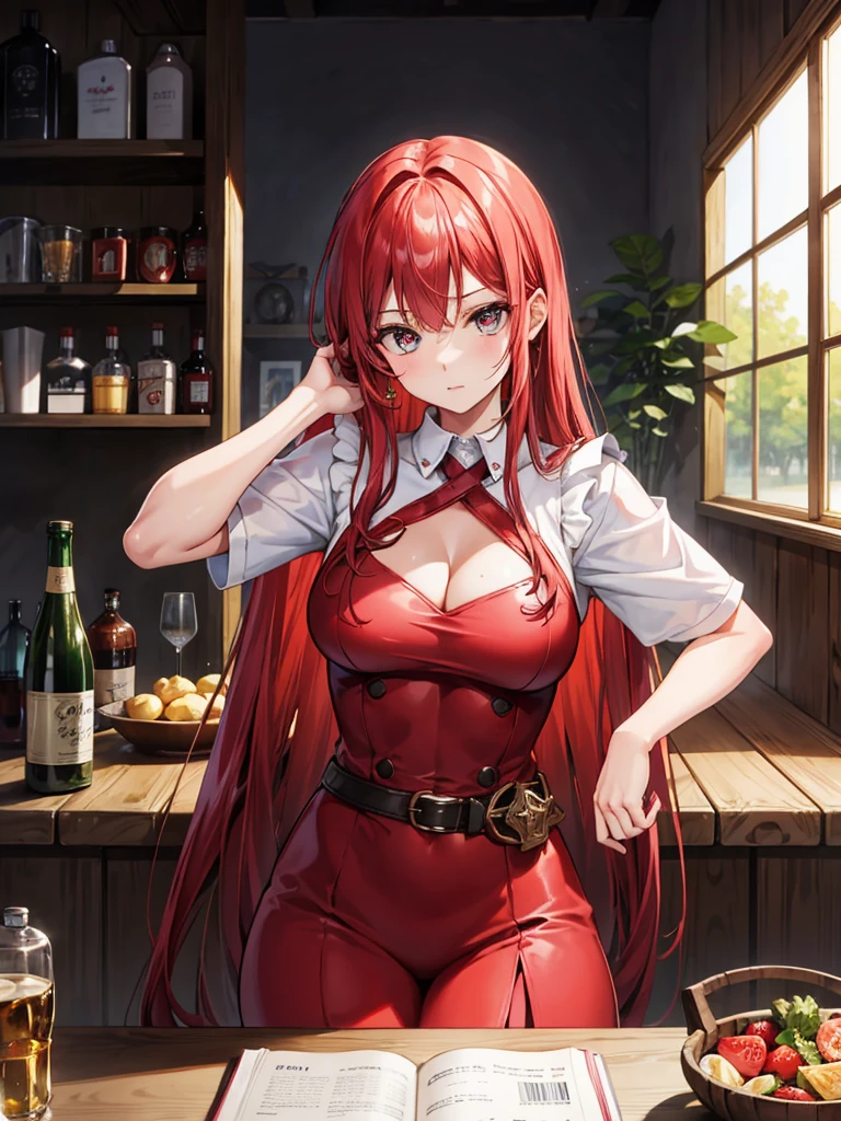 (((masterpiece、Highest image quality、highest quality、highly detailed unity 8kwallpaper)))、(((Illustration of one girl)))、(adventurer)、(((neutral)))、cool、((red hair、long hair))、golden eyes、((tall))、(((muscular and strong body、muscle girl、muscle)))、(((manspreading、sitting in a chair)))、(((Clothing in the style of the Middle Ages、adventurer風の服、adventurer風の装備)))、(Medieval tavern、Liquor bottle on the table)
