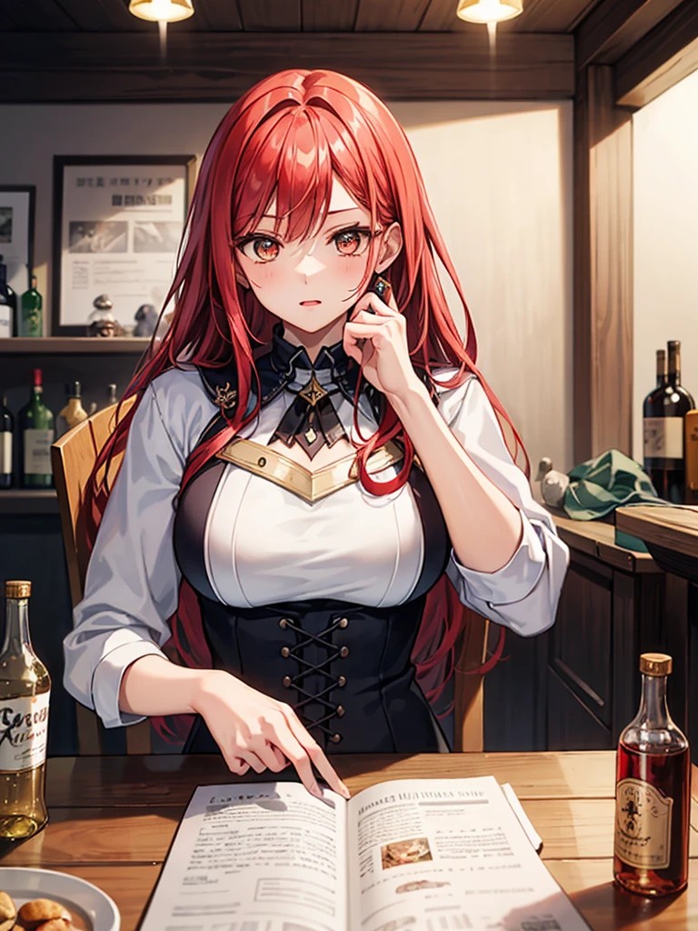 (((masterpiece、Highest image quality、highest quality、highly detailed unity 8kwallpaper)))、(((Illustration of one girl)))、(adventurer)、(((neutral)))、cool、((red hair、long hair))、golden eyes、((tall))、(((muscular and strong body、muscle girl、muscle)))、(((manspreading、sitting in a chair)))、(((Clothing in the style of the Middle Ages、adventurer風の服、adventurer風の装備)))、(Medieval tavern、Liquor bottle on the table)