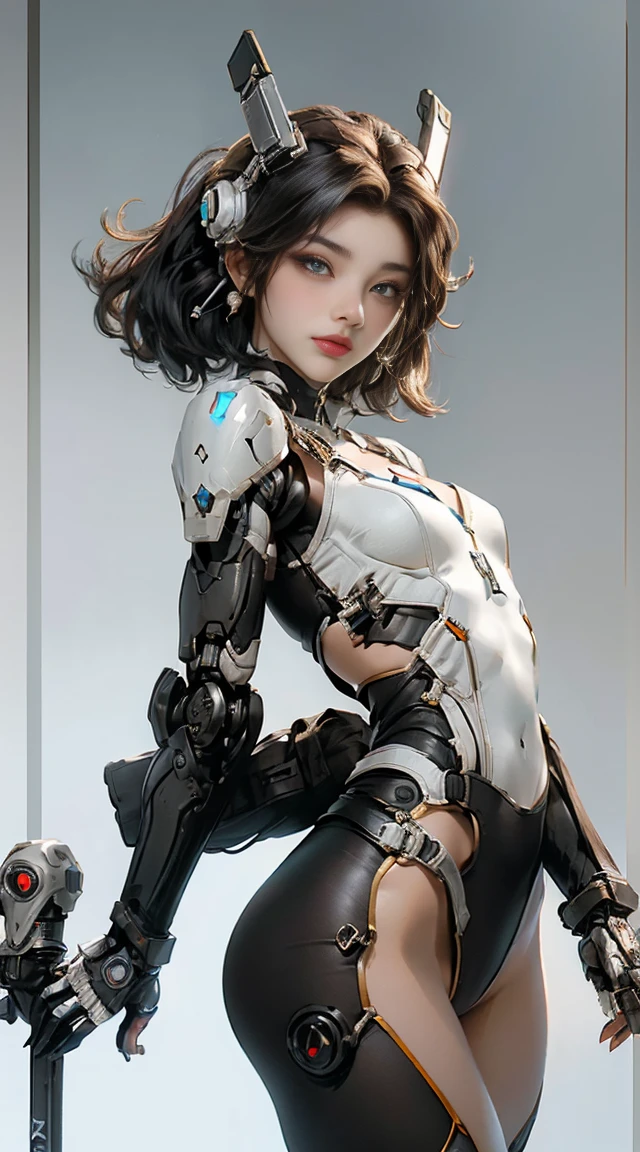 Very cute human 18 year old girl face, human torso, human giant , Human abdomen, Human waist, Robotic arm, Mechanical legs, Arms and legs with hard white shiny shell and black joints, very beautiful and feminine, short, , small, small, busty buttocks, medium bust, Cleavage display, flat belly display, partial helmet with antenna on the ear, Black Robot Joint, very stylish, Award-winning product design, Black Rubber Tights, Shiny white metal breastplate、opens in the cleavage and abdomen,, White metal buttocks wrinkled, And the armor is stylish, glowing trims