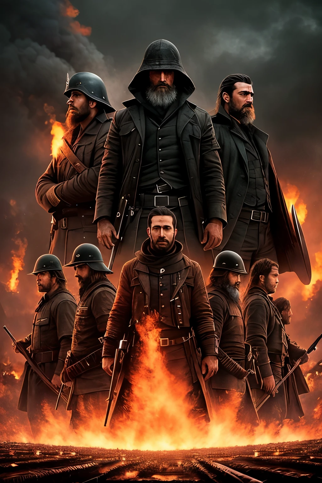 A realistic dark image of a formidable assembly of men, united and prepared, standing tall against the oppressive power of the global elite. Their determined expressions etched in the dimly lit scene, emphasizing their unwavering resolve. Each man, dressed in ragged yet worn clothing, a testament to their resilience and grit. Their postures firm and shoulders squared, prepping for the imminent battle. The atmosphere heavy with tension and anticipation, the air crackling with the energy of their collective spirit. The image radiates a sense of unity and strength in the face of adversity. The palette is dominated by deep, rich hues, creating an ominous and omin