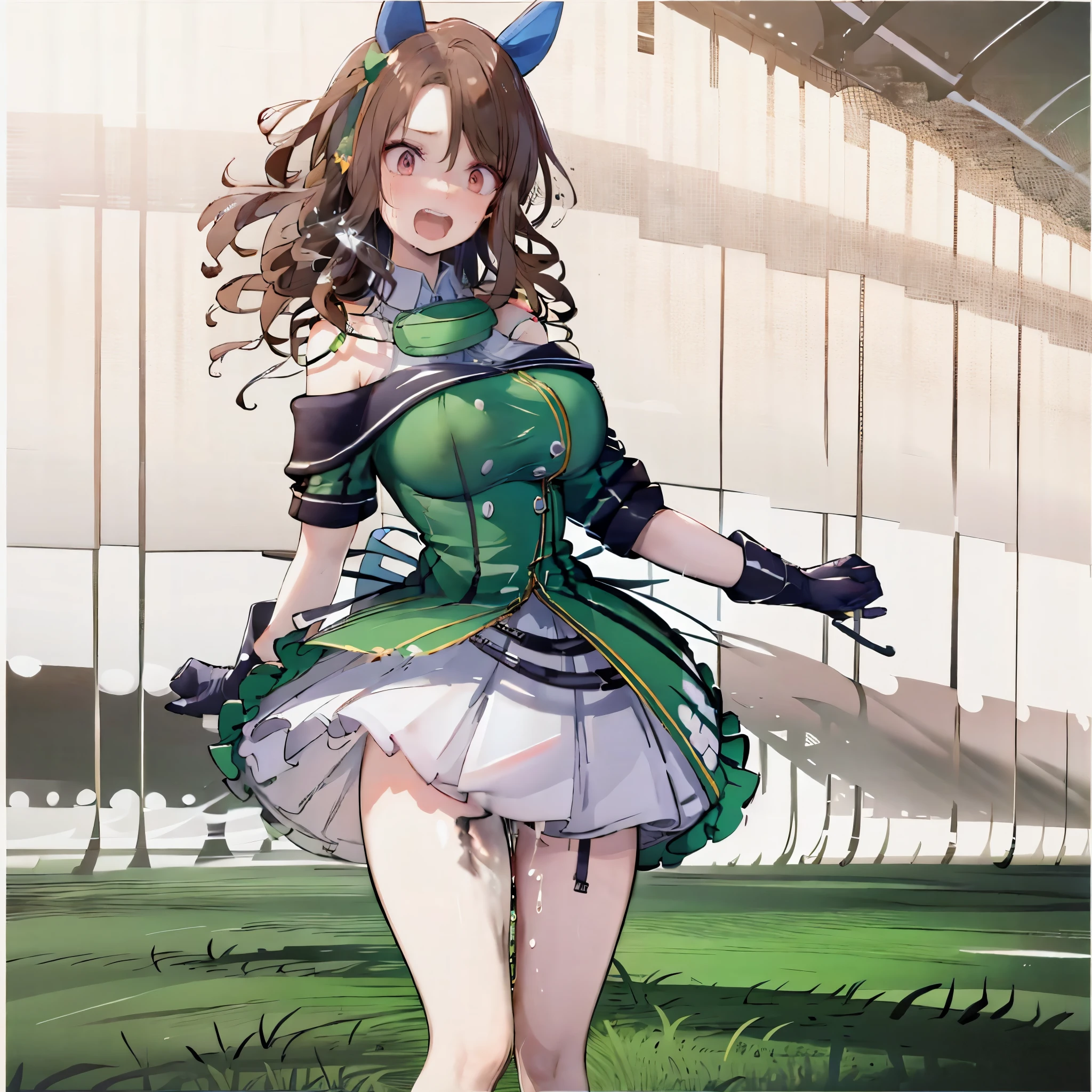 solo 1 girl (running at grass field), landscape, (too short miniskirt:1.25), (huge perky breasts:1.35), (bouncing breasts), short torso, inconceivably thin waist, miniskirt lifted by wind, (thin long legs), nose blush, open mouth widely, (nsfw:1.1), heavy breathing, (ultimate orgasm:1.6), (pussy juice trail), (screaming a scream of ecstasy:1.1)