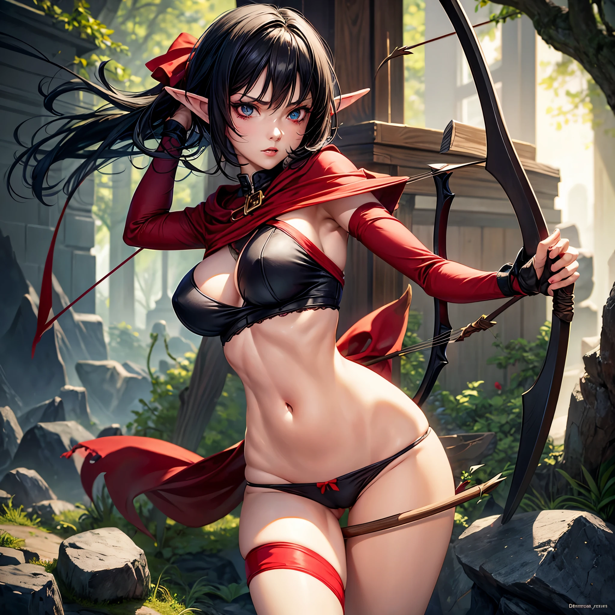 elf with torn clothes, sexy girl, short black hair, red and detailed eyes, thin panties on her pussy, breasts showing, with bow and arrow in her hand, detailed 5 fingers, 2 arms and 2 legs