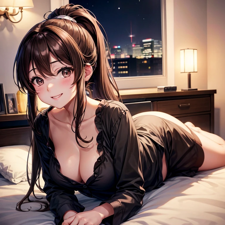 anime、beautiful girl、brown hair、black eyes shine、Change of clothes、room、night、smile、beautiful 、ponytail、Sleepy face、pajamas、night