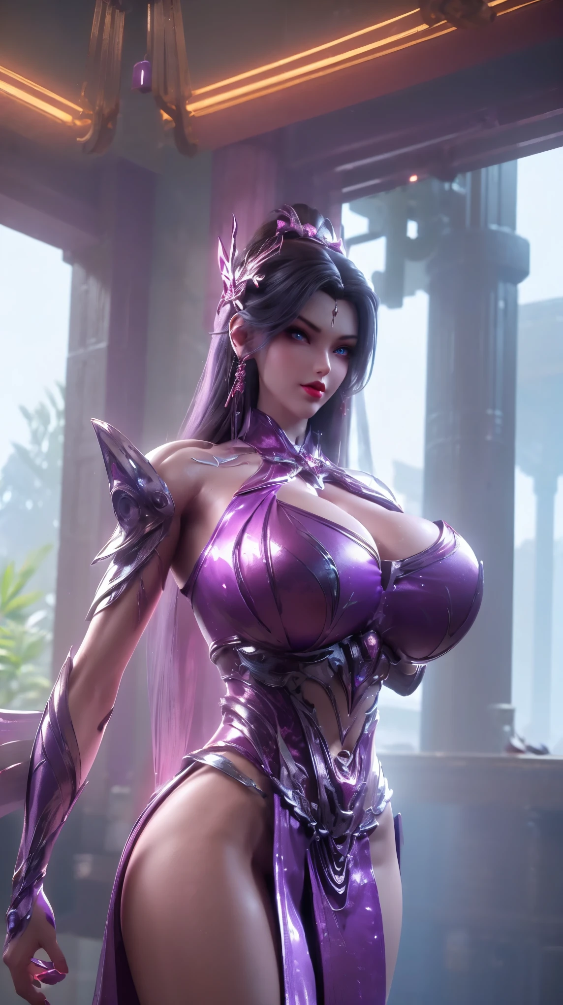 UPPER BODY,SOLO,(PHOENIX HELM), (GIGANTIC FAKE BREAST,CLEAVAGE,MUSCLE ABS:1.5), (PURPLE,MAGENTA SHINY, NSFW, FUTURISTIC MECHA SCI-FI, SKIMPY BIKINI ARMOR:1.5),(MUSCULAR BODY MATURE WOMAN:1.5), (NSFW SWEATY BUSTY BODY:1.5), (LOOKING AT VIEWER:1.3),(PORTRAIT:0.8),(HALLROOM OF FUTURISTIC SPACE STATION:1), (PHOTOREALSITIC:1.4), (ULTRA-DETAILLIERT), (TOP-QUALITY), (BEST SHADOWS), (MASTERPIECE), BRIGHT LIGHT IN ROOM, HYPER TEXTURE, (4X MSAA), ((UNREAL ENGINE 5 RENDER)), PHYSICALLY-BASED RENDERING, ULTRA HIGHT DEFINITION, 16K, 1080P.