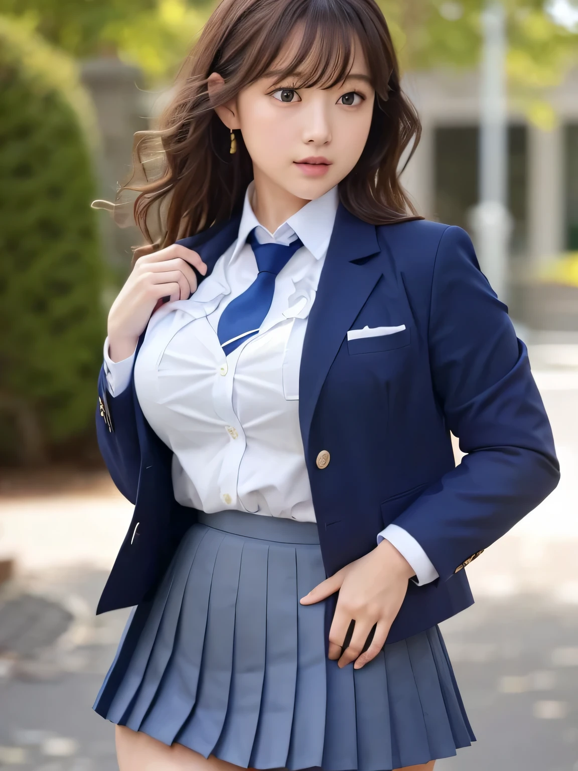 8K, highest quality, real image, intricate details, Super detailed, ultra high resolution, depth field,(realistic,realistic:1.2), 1 girl, eye_Chan, very beautiful 17 year old girl, innocent big eyes,、beautiful breasts:1.5、非常に詳細なeye:1.2)、(beautiful breasts:1.1)、wavy hair、curly hair、bangs、, perfect skin, Fair skin, He puts his left hand on his chest over his clothes.....、anxious look、tight waist, light blush, alone, looking at the viewer, ((School_uniform),(dark blue blazer), (white shirt、Wearing a tie), (gray pleated skirt), (sculpture installation :1.1), (eyeを細めて), (huge hips:1.4), (thick thighs:1.4), (thick legs:1.4)