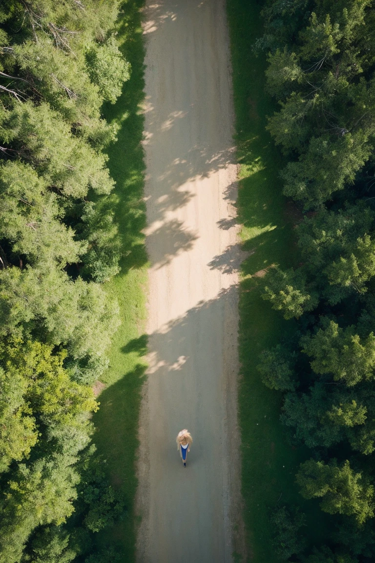 From above, a Gorgeous blonde woman, age 23, men magazine model, Glamour, walking in nature, Blonde hair, green eyes, 8K, High quality, masterpiece, Best Quality, Extremely detailed, voluminetric lighting, Photorealistic
