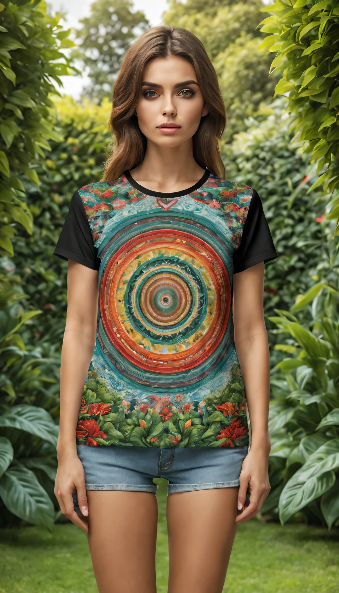 Optical illusion art pattern on fashion t-shirt mockup，garden background，(Super detailed,lifelike:1.37),(high resolution,4K),