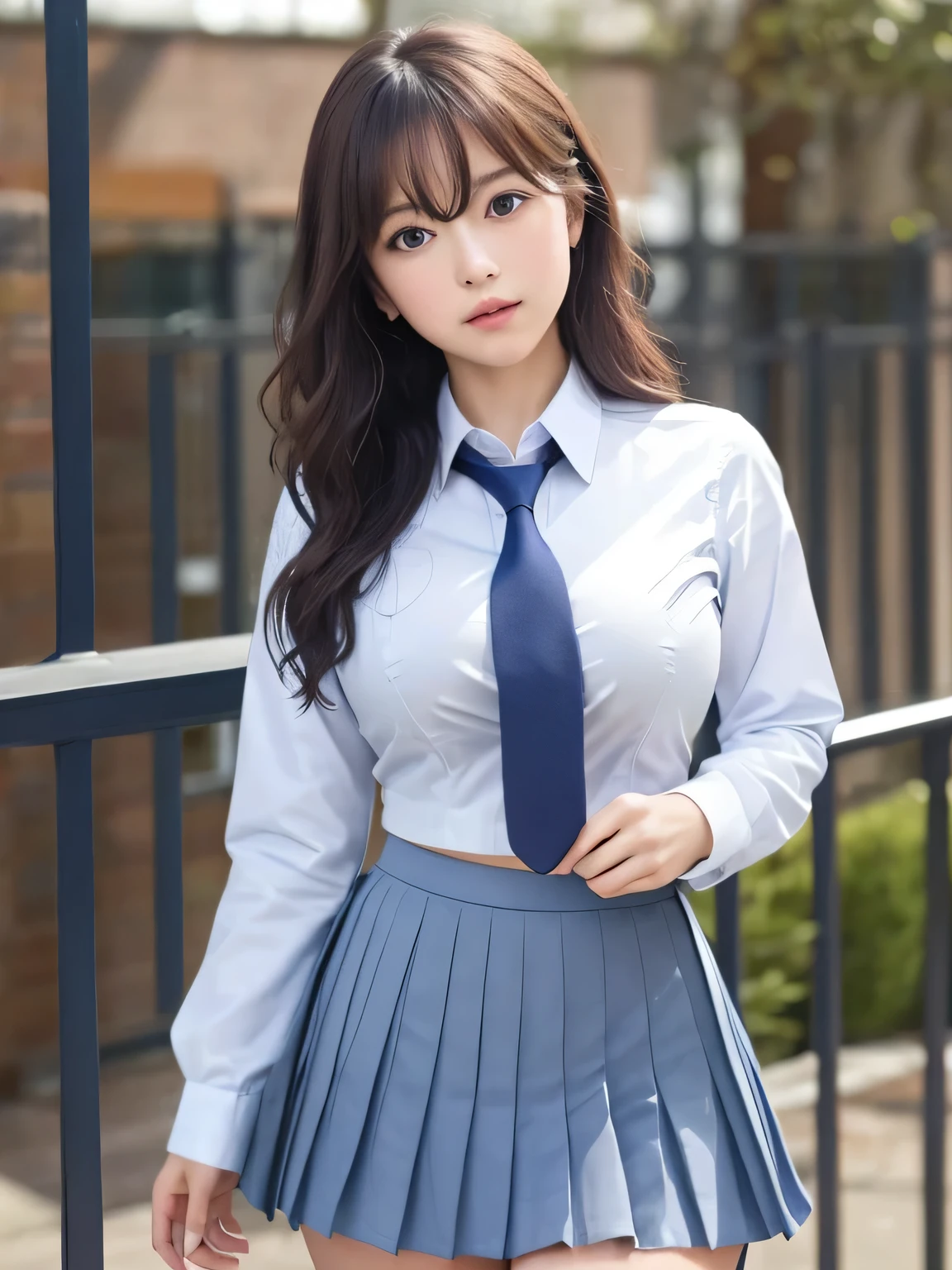 8K, highest quality, real image, intricate details, Super detailed, ultra high resolution, depth field,(realistic,realistic:1.2), 1 girl, eye_Chan, very beautiful 17 year old girl, innocent big eyes,、beautiful breasts:1.5、非常に詳細なeye:1.2)、(beautiful breasts:1.1)、wavy hair、curly hair、bangs、, perfect skin, Fair skin, He puts his left hand on his chest over his clothes.....、anxious look、tight waist, light blush, alone, looking at the viewer, ((School_uniform),(dark blue blazer), (white shirt、Wearing a tie), (gray pleated skirt), (sculpture installation :1.1), (eyeを細めて), (huge hips:1.4), (thick thighs:1.4), (thick legs:1.4)